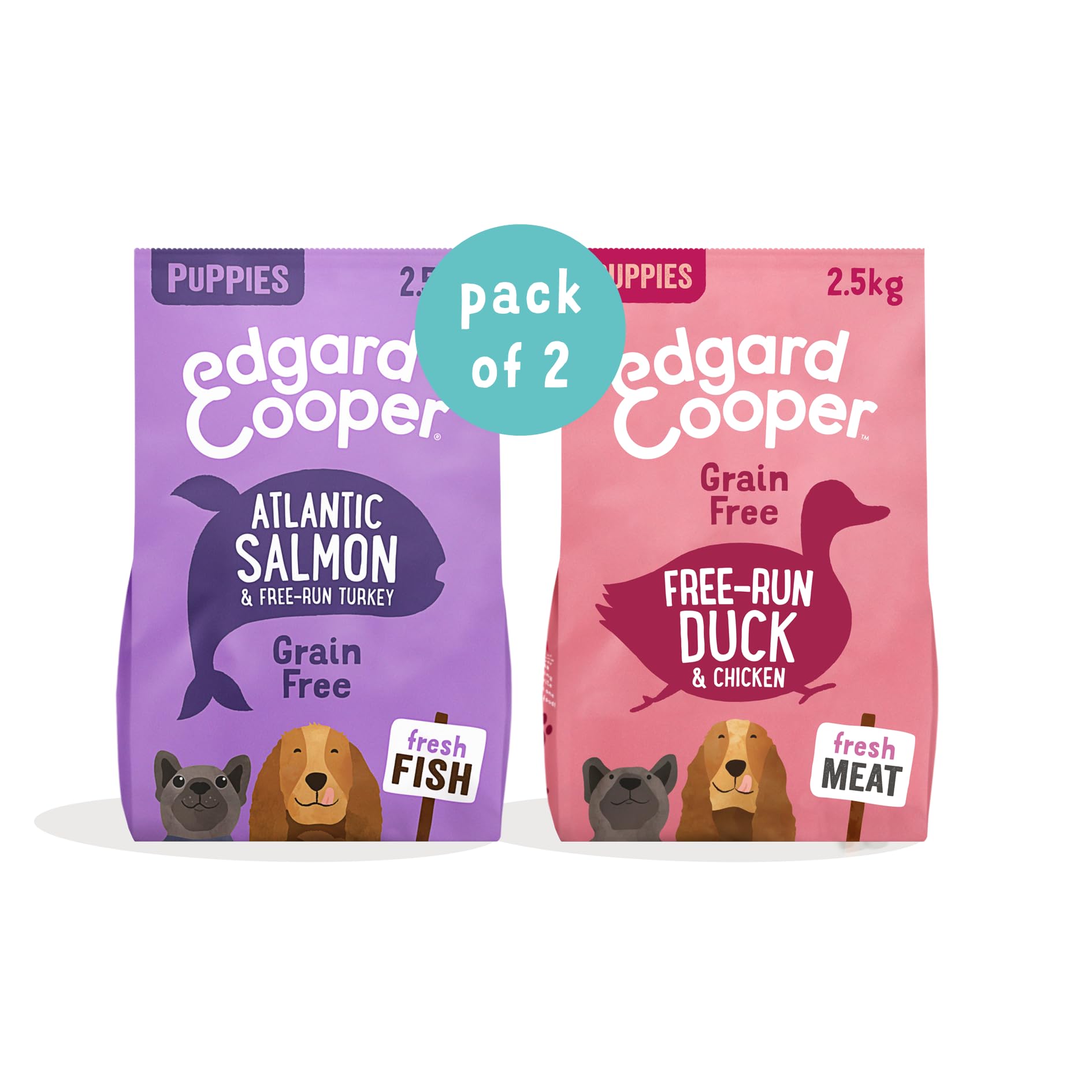 Edgard & Cooper Crocchette Cani Cuccioli Cibo Secco Senza Cereali Mangime Naturale, Alimentazione Completa, Sana ed Equilibrata per Cani di Ogni Taglia - Anatra/Pollo 2.5 kg + Salmon/Tacchino 2.5 kg