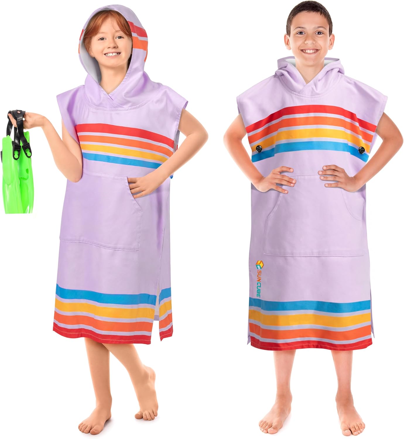 SUN CUBE Kids Towel Changing Swim Robe Surf Poncho, Quick Dry Microfiber Hooded Wearable Blanket for Boys Girls 8-12 Years, Sunset Purple
