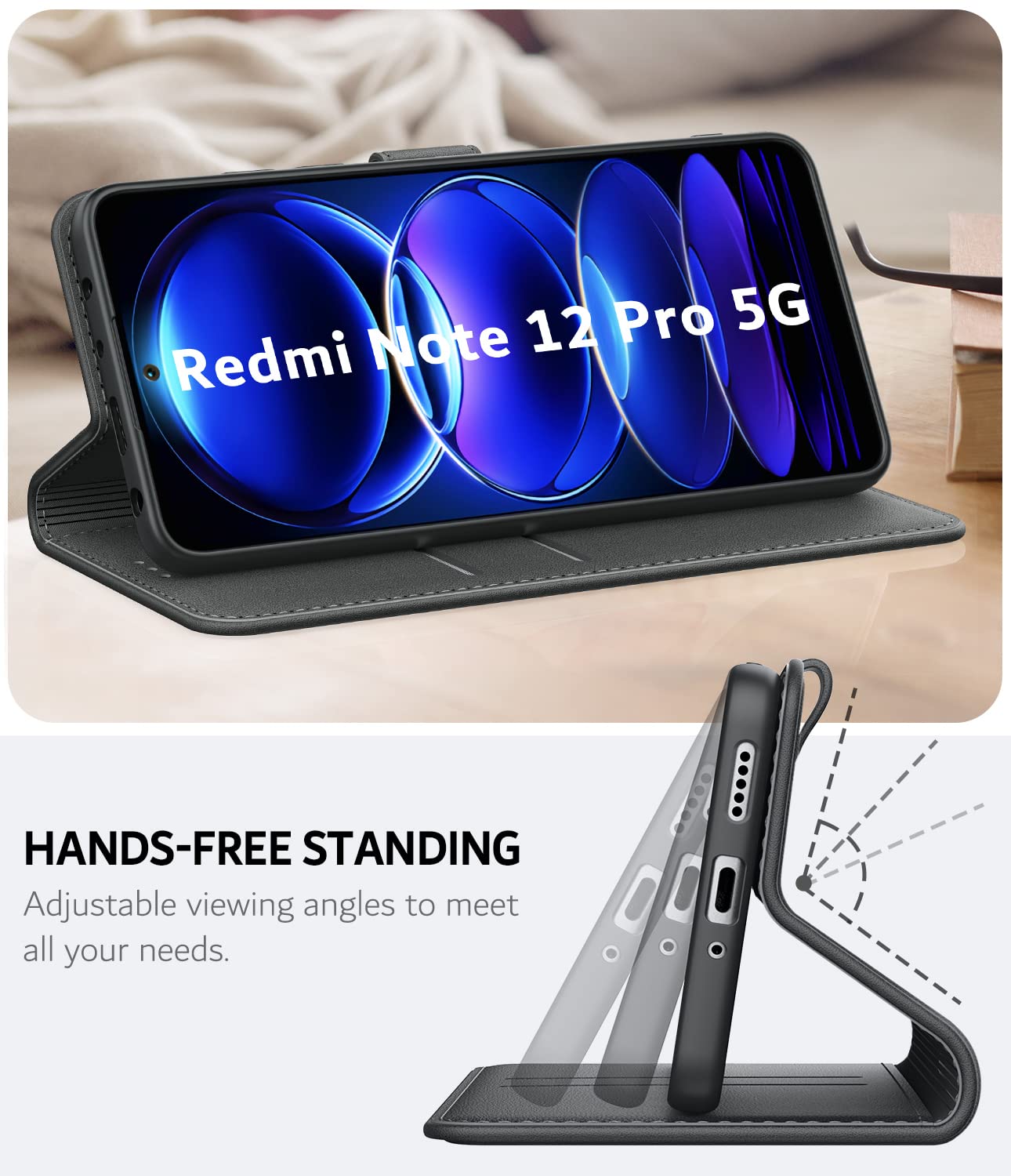 Leacckl Cover per Xiaomi Poco X5 Pro 5G / Redmi Note 12 Pro 5G (Non per Pro+), Custodia a portafoglio in Pelle PU Premium [Magnetica a Scatto] [Funzione Stand], Nero