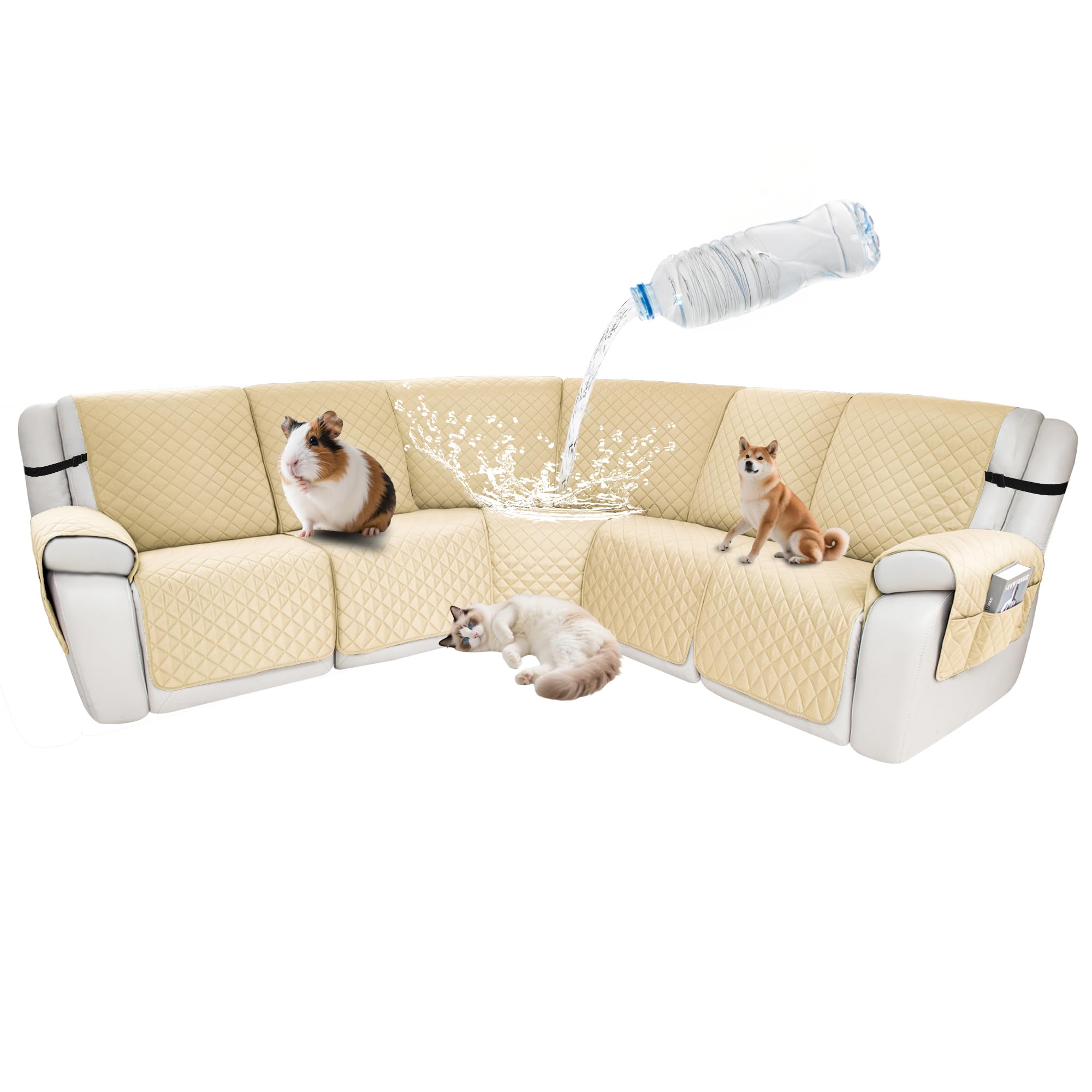 Waterproof Sectional Reclining Couch Covers L Shaped Recliner Sectional Sofa Cover 7 Piece Non Slip Washable Corner Recliner Slipcover Set for Pet Dog (5 Seater Cover, Beige)