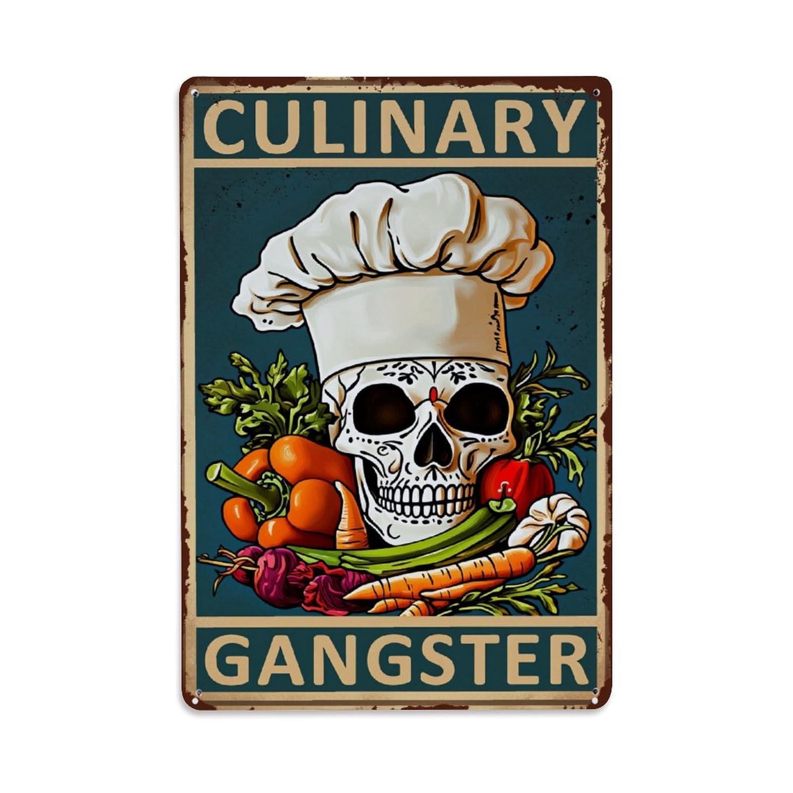 Jdfenggu Vintage Skull Chef Vegetables Hat Gangster Retro Metal Tin Sign, Decor Art Poster For Bar, Home, Man Cave, Kitchen, Laundry Room Gift 8X12inch