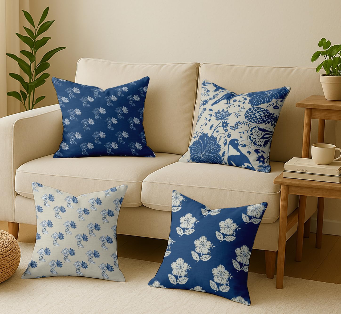 Cotton Cushion Covers Set of 4-16x16 Inch, Block Print, Double-Sided Printed Throw Pillow Covers with Hidden Zipper - No Filler - Beige