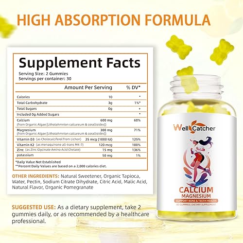 Miniatura 2 de Gomitas de calcio y magnesio para adultos y niños, suplementos de calcio de algas veganas masticables sin azúcar para mujeres y hombres, apoyo más