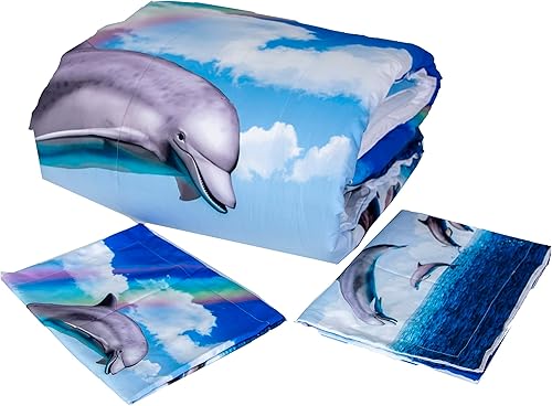 Miniatura 5 de Juego de edredón de delfines para niños, tamaño Queen, juego de edredón de dibujos animados blancos y azules para niñas y niños, juego de edredón