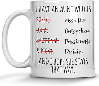 Funny Aunt Gifts Mug, I Have An Aunt Who Is Assertive Outspoken Passionate Decisive, Gag Gifts from Aunt, Novelty Birthday Present Idea for Aunt, Gift for Aunt from Niece Nephew Ceramic Coffee Mugs