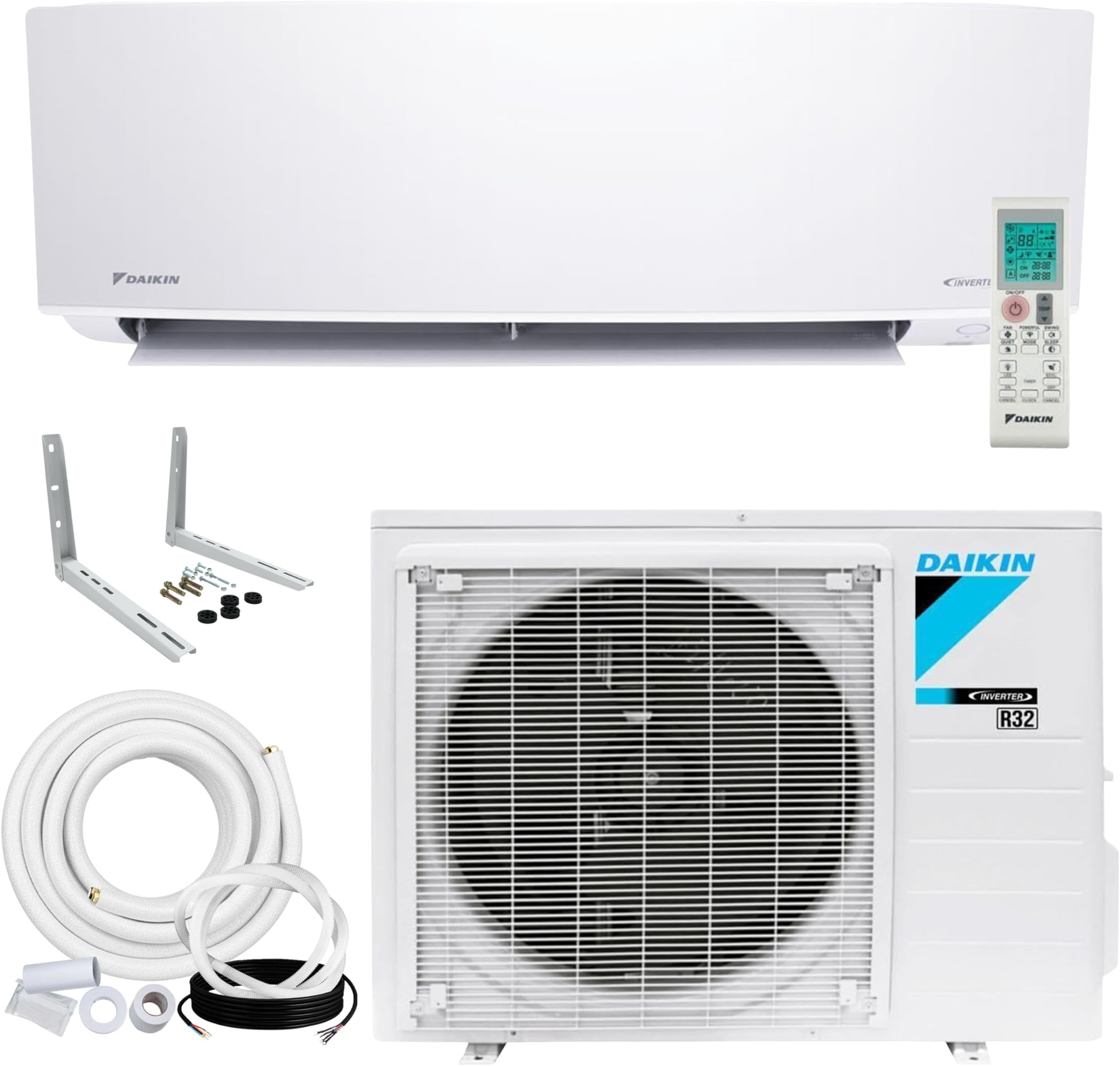 - Daikin 12,000 BTU 18 SEER2 Entra R32 Series Ductless Mini Split Heat Pump System w/Maxwell All-Inclusive 15’ Installation Kit and Wall Mounting Bracket (230V), White, RXC12+FTXC12+IKM1438+WAFP24