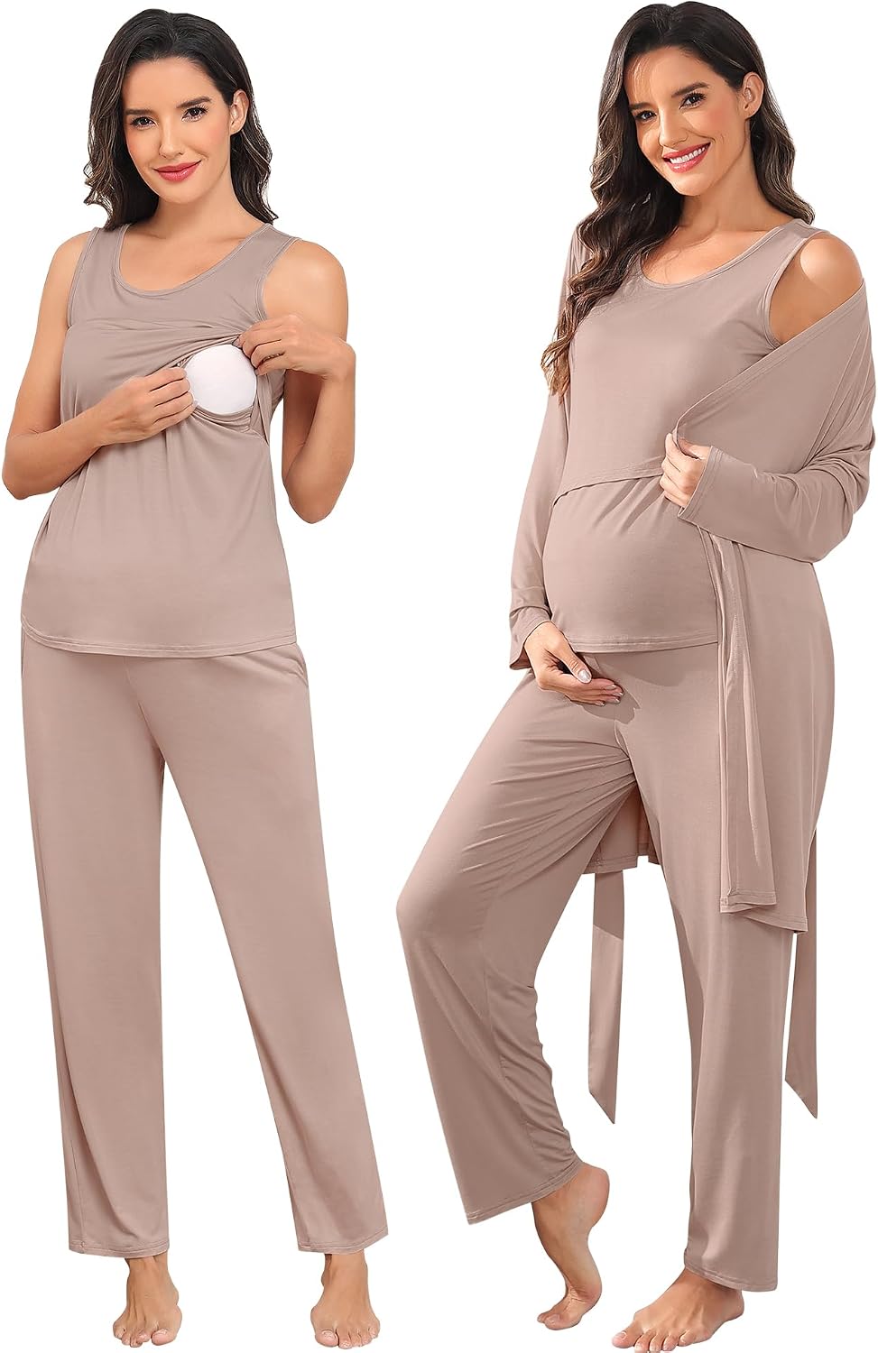 SWOMOG Maternity Nursing Robe Set 3 PCS Postpartum Breastfeeding Pajamas Lounge Hospital Pregnancy Pjs with Robe, Light Brown X-Large