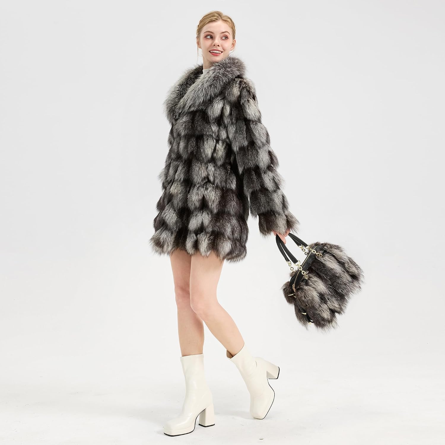 Fur Story Women's Real Red Fox Fur Chain Bag Fuzzy Shoulder Handbag Fluffy Tote Bag Fur Purses Big Capacity