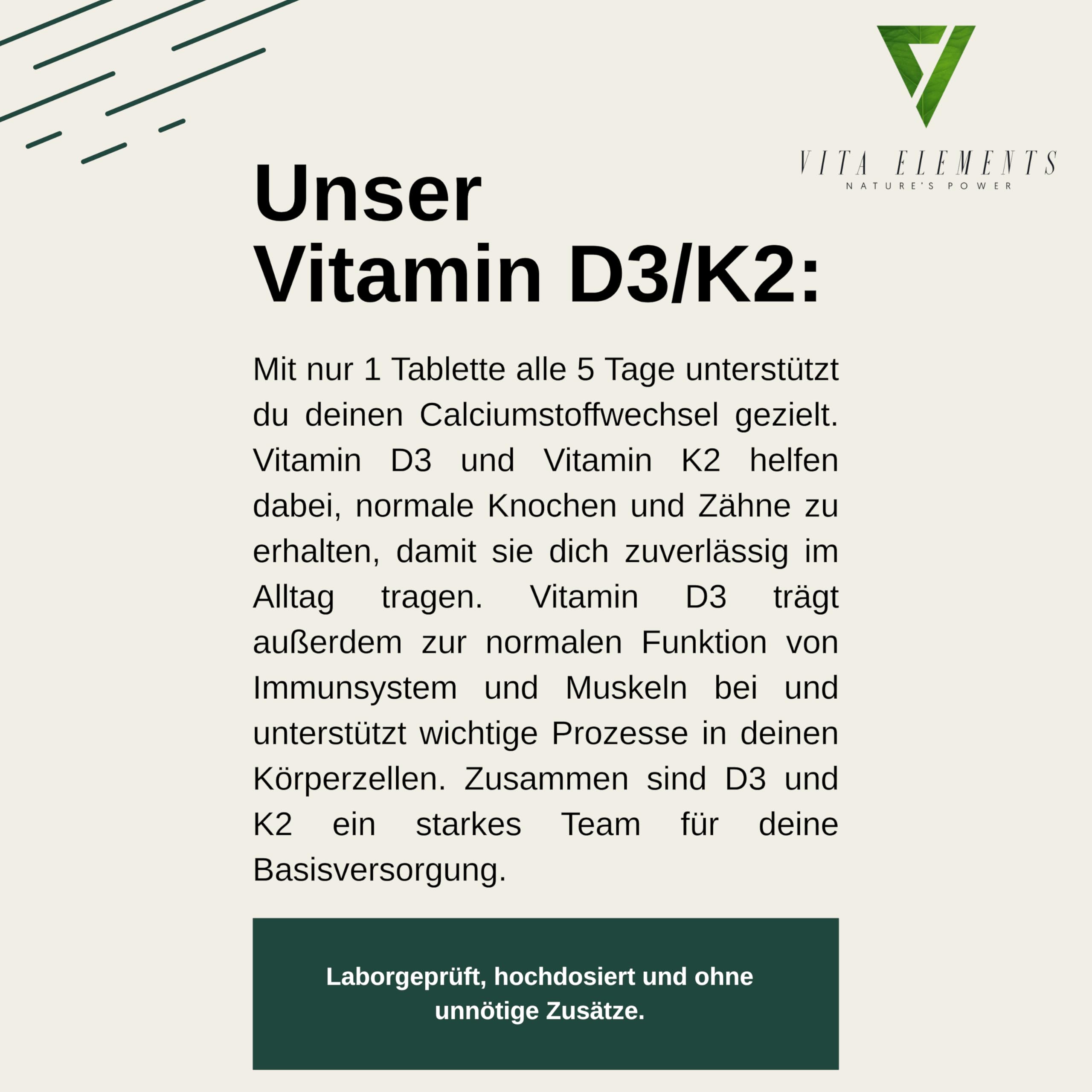 Vita Elements Vitamin D3 + K2 Depot - MK7 All-Trans - 180 Tabletten - Langzeitvorrat- Laborgeprüft - Ohne Zusätze – Vegan
