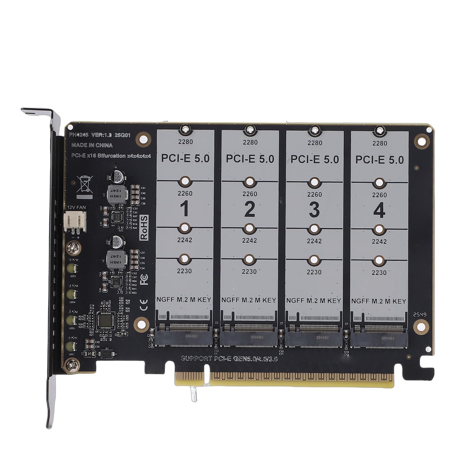 ASHATA Carte Adaptateur M.2 PCIE 5.0, Convertisseur 4 Ports M.2 NVMe SSD vers PCIE X16, Lecteur de Disque Dur, Carte d'extension Interne PC, 4 X 128 Gbit/s, clé, Idéale pour Les Postes de Travail