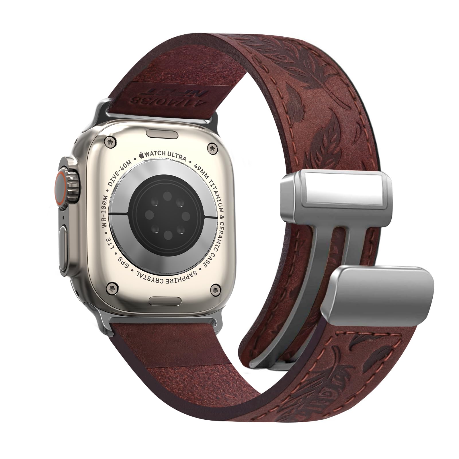 NPET Genuine Leather Watch Band with Western Engraved Feather Pattern and Magnetic Buckle - Compatible with Watch Ultra SE...