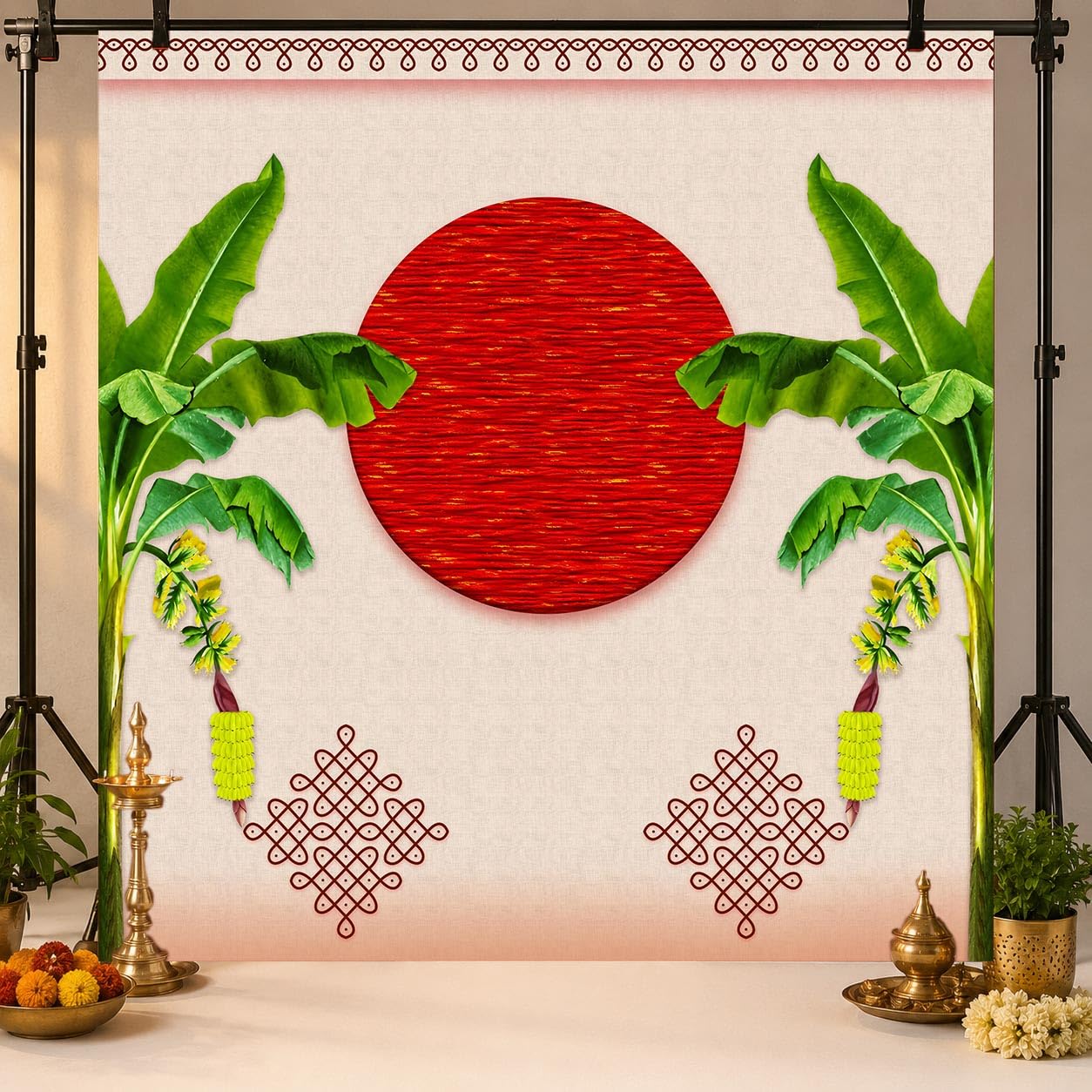 Pooja Decoration Fabric Backdrop 8x8 ft Traditional Banana Tree Backdrop Curtain with Red Mandala for Ganesh Chaturthi, Annaprashana Cerempny Housewarming, Satyanarayan Pooja & Festival Decoration-image-20