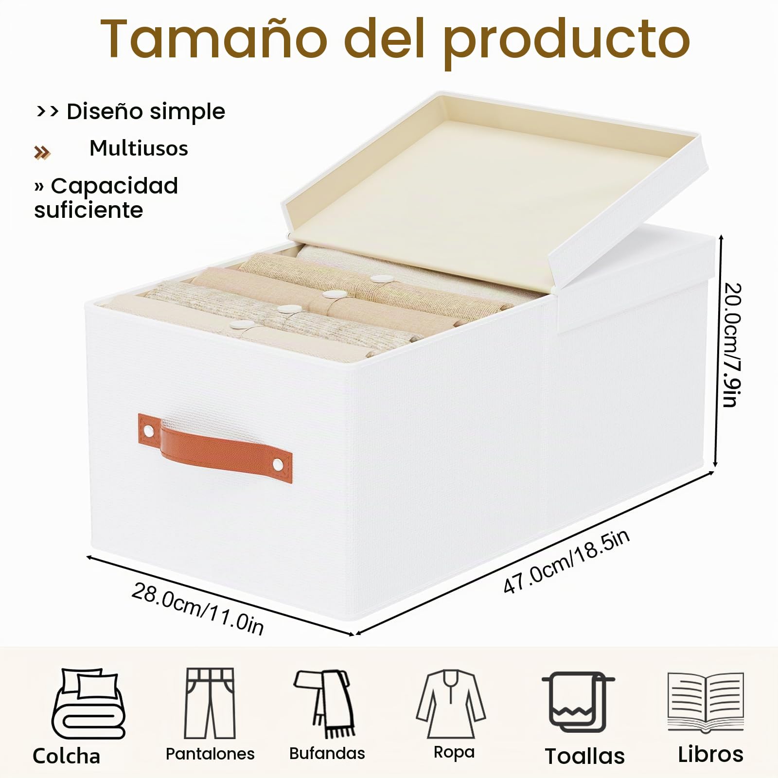 Set de 3 Caja Almacenamiento, 47×28×20cm Cajas Almacenaje Ropa con Tapa Extraíble, Cestas Organizadoras Tela con Asas, para Organizar Ropa y Sábanas en Armarios, Blanco