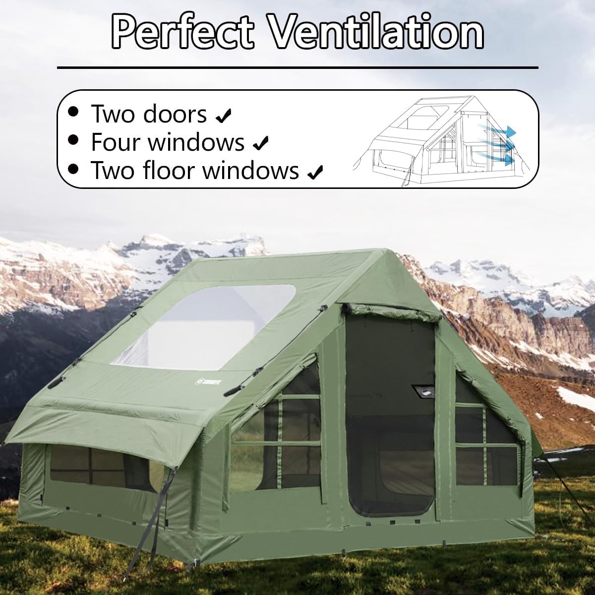 Inflatable Tent for Camping Large Blow Up Tents Glamping 2-4 Person House 4 Season Air with Pump Easy Set up Waterproof Outdoor Oxford (6.6 sq ft Army Green)