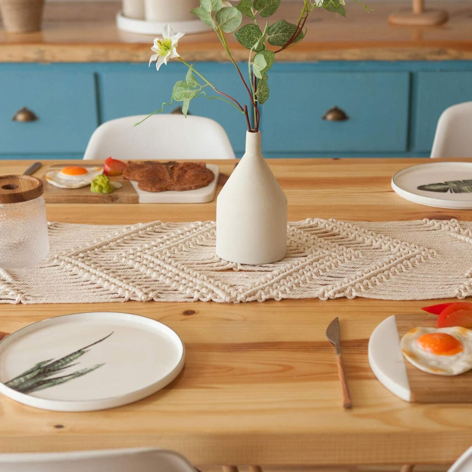 Nowoczesny biały bieżnik z bawełny i lnu, bieżnik stołowy Boho, ażurowa tkanina, długie frędzle, przyjazny dla środowiska, łatwy w utrzymaniu, do restauracji na przyjęcie weselne urodziny wakacje