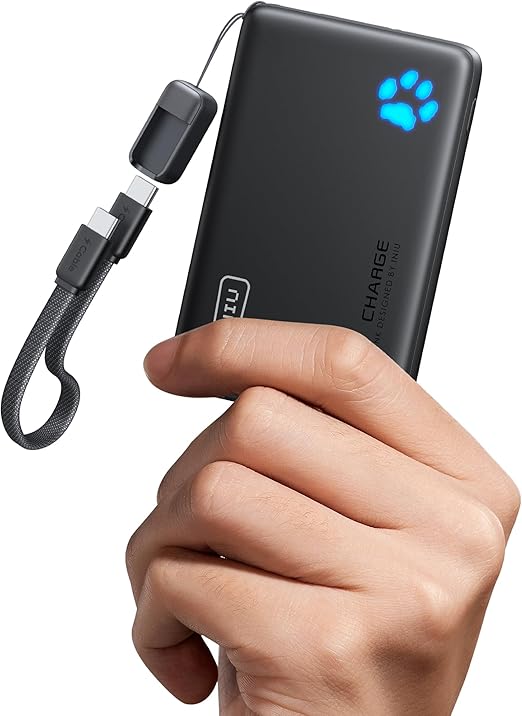 INIU Portable Charger, Ultra Slim 45W Fast Charging with Attached USB C Cable, Flight-Safe 10000mAh PD Power Bank Battery Pack, Travel Essential Phone Powerbank for iPhone 17 16 Samsung S25 Google etc
