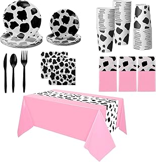 Oudain 222 Pcs Cow Dinnerware Set Cow Tablecloth Cow Plates and Napkins Cow Party Decorations Cow Table Runner Plastic Black White Party Supplies(Black, White, Pink)