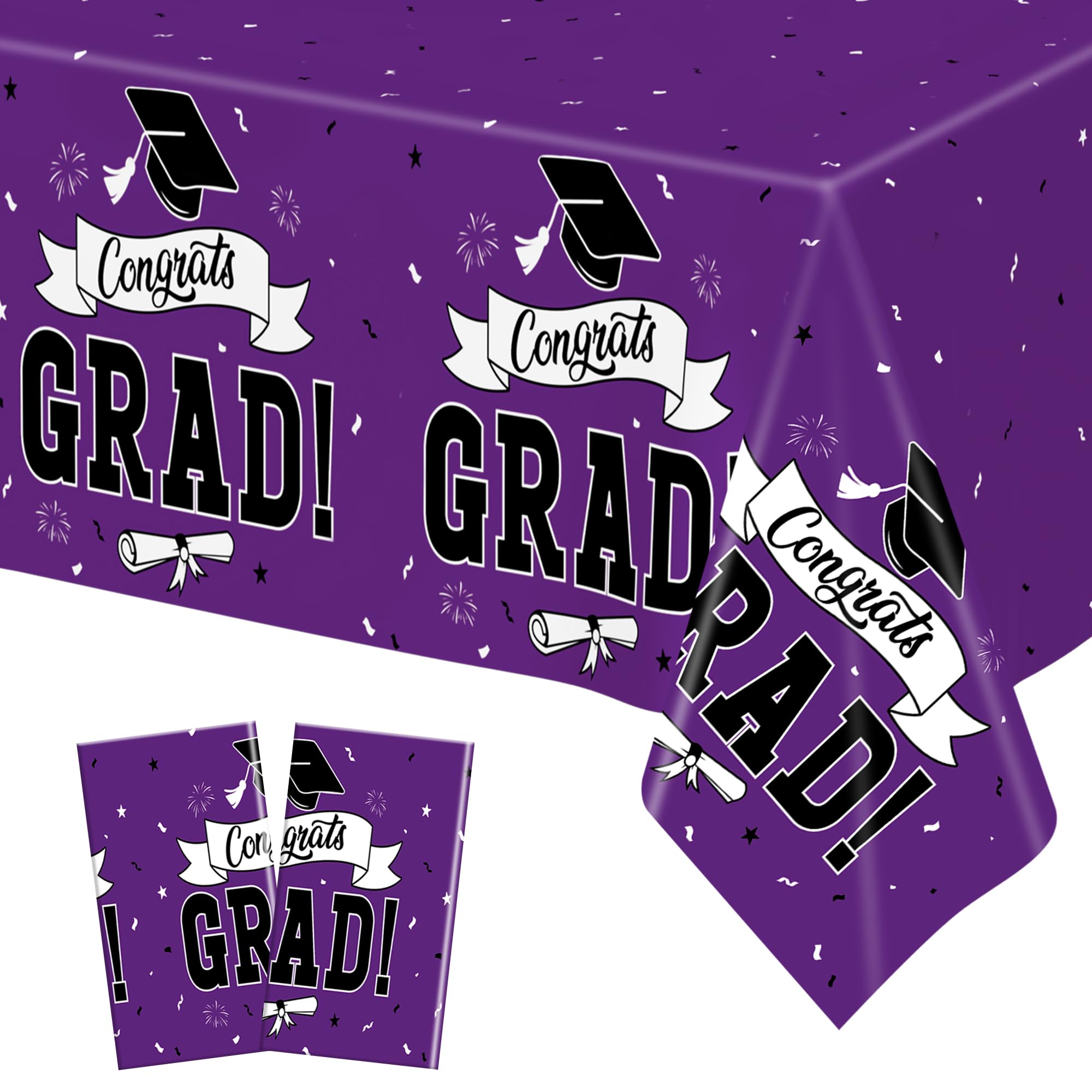 2 Pcs Graduation Tablecloth, 108" X 54" Plastic Graduation Decorations 2026, Rectangle Purple Table Cover for Grad Decor Party Supplies, Disposable Tablecover for Class of 2026 Congrats Grad for Kids