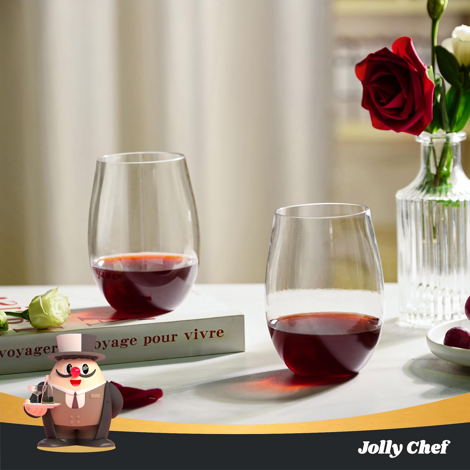 JOLLY CHEF Paquete de 24 copas de vino de plástico de 16 onzas, sin tallo, vasos de vino desechables | Calidad premium, reciclable, irrompible, ideal para bodas, cumpleaños, fiestas, Navidad