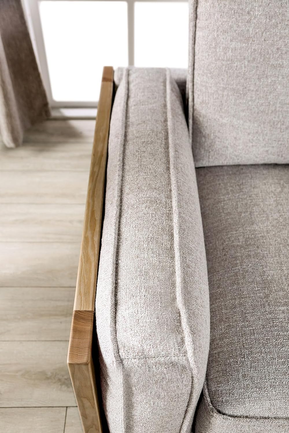 Style Ash Wood Trim Chair Track Arms Block Wooden Legs Reversible Loose Pillow Back Light Brown and Natural