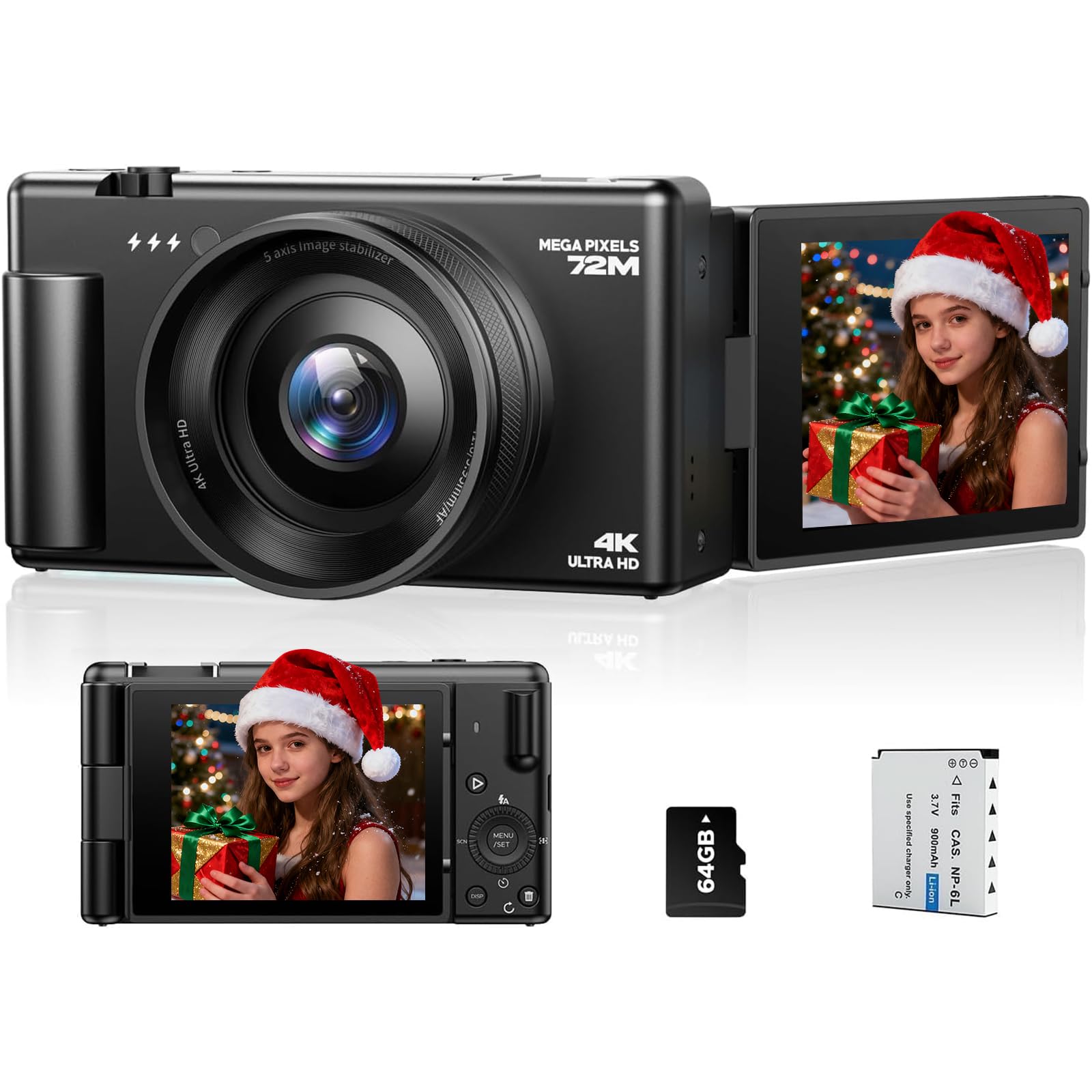 Fotocamera Digitale 4K, 72MP Autofocus Macchina Fotografica Digitale Compatta per Vlogging con Zoom Digitale 18X, Schermo Ribaltabile 270° Digital Camera con scheda da 64GB, Batteria