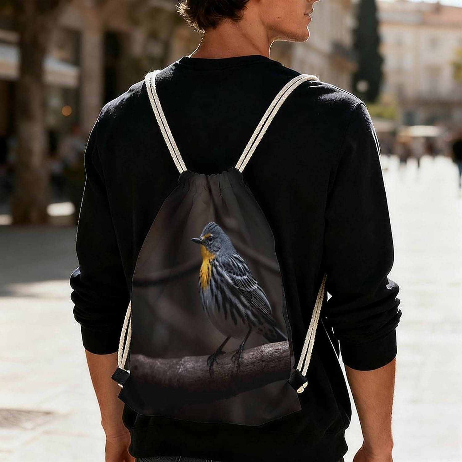 Bird Sitting on Branch Drawstring Backpack Cinch Bag image 5
