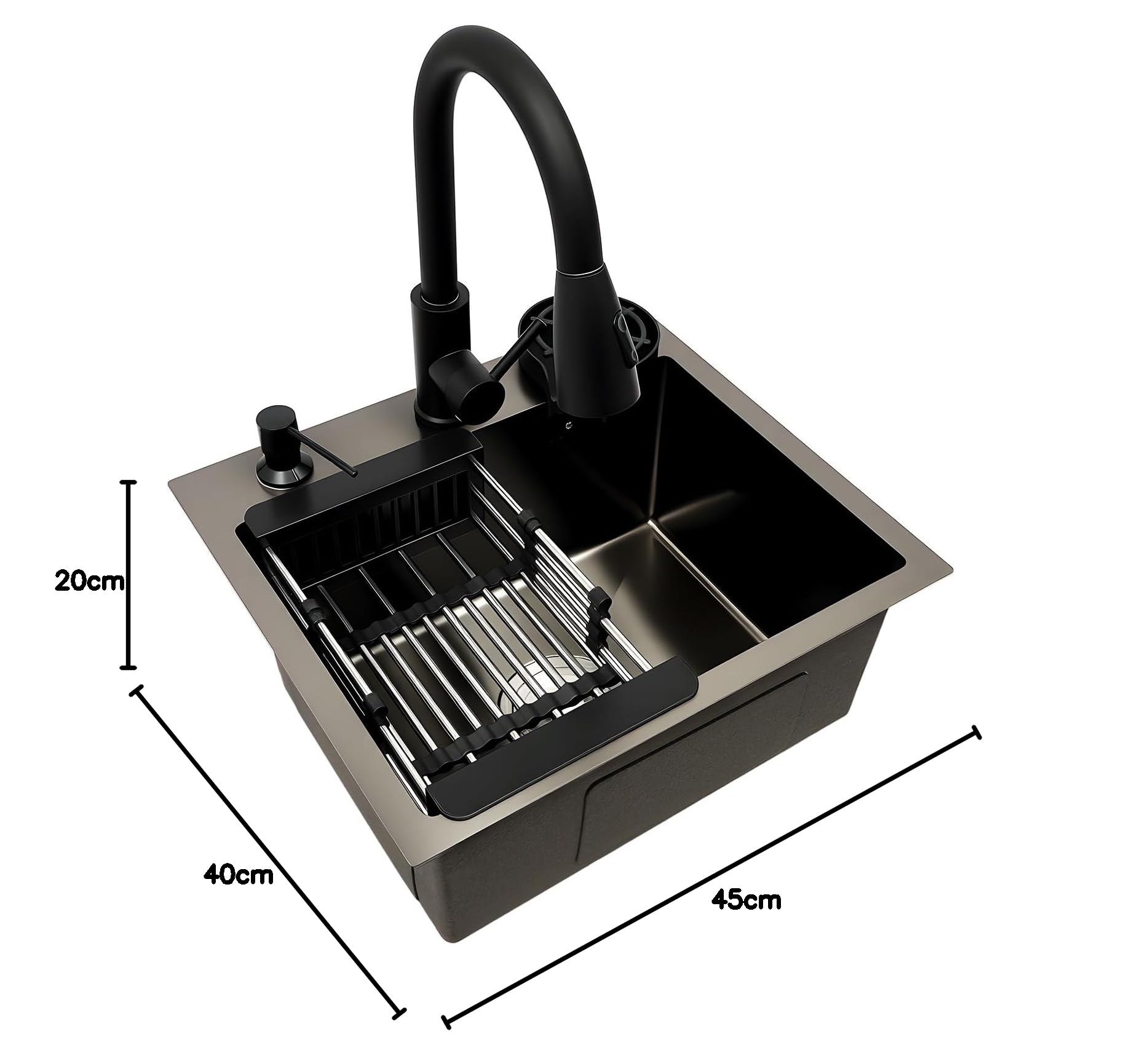Fregadero de cocina moderno de 45 x 40 cm, color negro, de acero inoxidable, con grifo extensible, para tazas, escurridor, dispensador de jabón