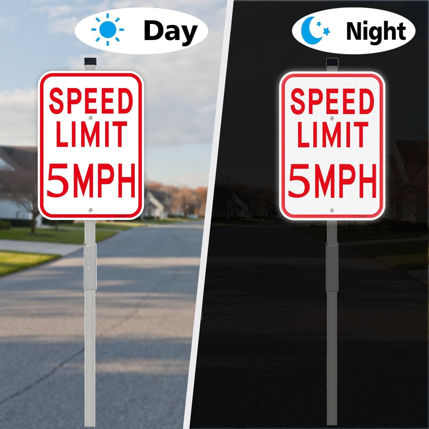 Speed Limit Sign with Metal Stakes, 5 MPH Traffic Warning, 14x10 Inches, Reflective Aluminum, White and Red, with 36-inch Stakes, 2 Pack