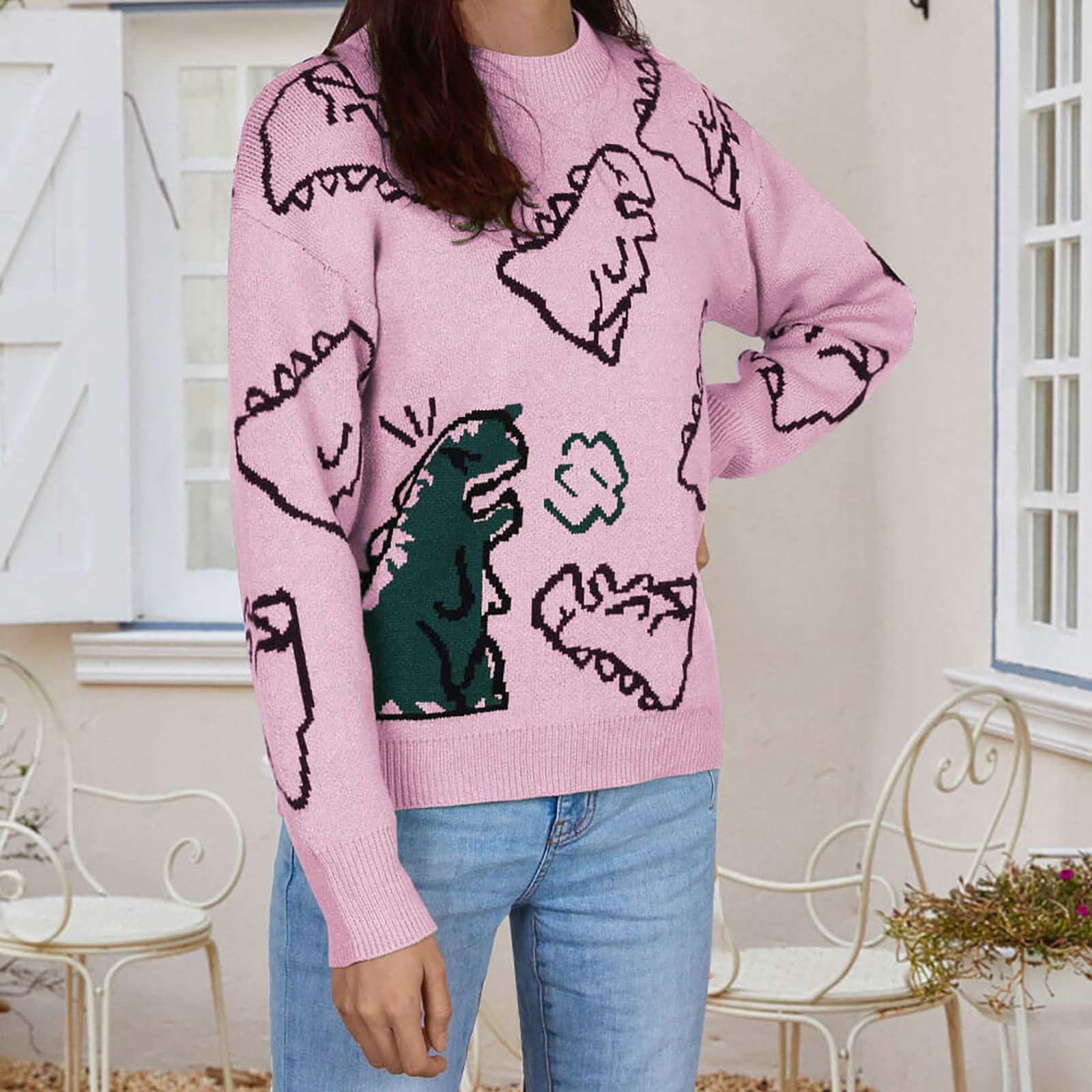 Damen-Strickpullover mit Dinosaurier-Aufdruck, übergroßer Pullover, Preppy-E-Girl-Streetwear Strickpullover Rollkragen Strickpullover Oversized Damen