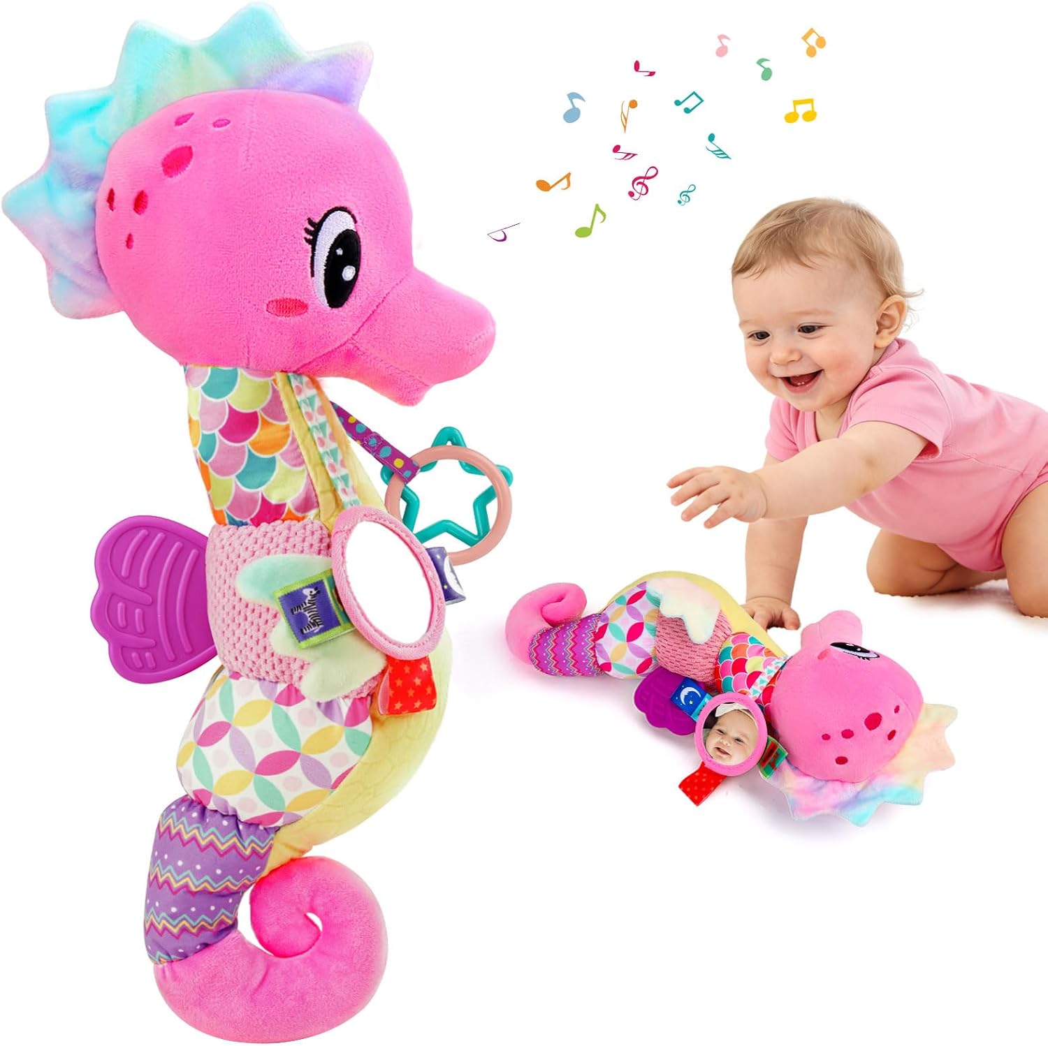 Baby Girl Toys 0-6 Months Musical Seahorse Stuffed Animal Tummy Time Toys Infant 3-6 6-12 Months with Baby Mirror Sensory Newborn Crinkle Developmental Toy Birthday Shower Gifts 0-3 4 5 6 Month