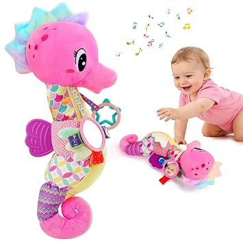 Baby Girl Toys 0-6 Months Musical Seahorse Stuffed Animal Tummy Time Toys Infant 3-6 6-12 Months with Baby Mirror Sensory Newborn Crinkle Developmental Toy Birthday Shower Gifts 0-3 4 5 6 Month