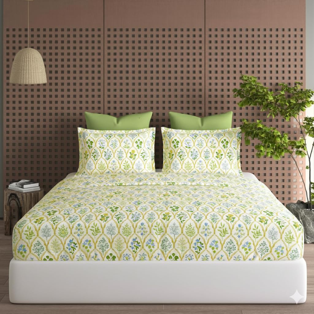 DECOMIZER Cotton Feel All Around Elastic Fitted Glace Printed Queen Size Double Bed Bedsheet with 2 Large Pillow Covers Fits Upto Mattress of 8 Inches,Size - 60 x 78 x 10 Inches, Yellow Jaipuri