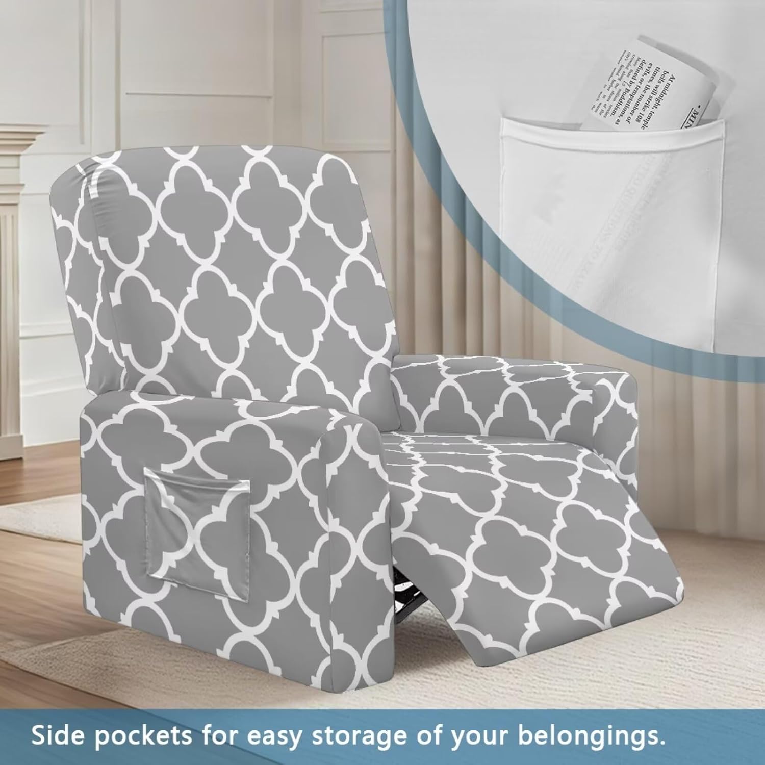 Recliner Covers 4 Pieces Washable Grey Slipcovers for Reclining Chair Lazy Boy Recliner Chair Covers That Stay in Place Stretch Furniture Protector for Pet, Kids