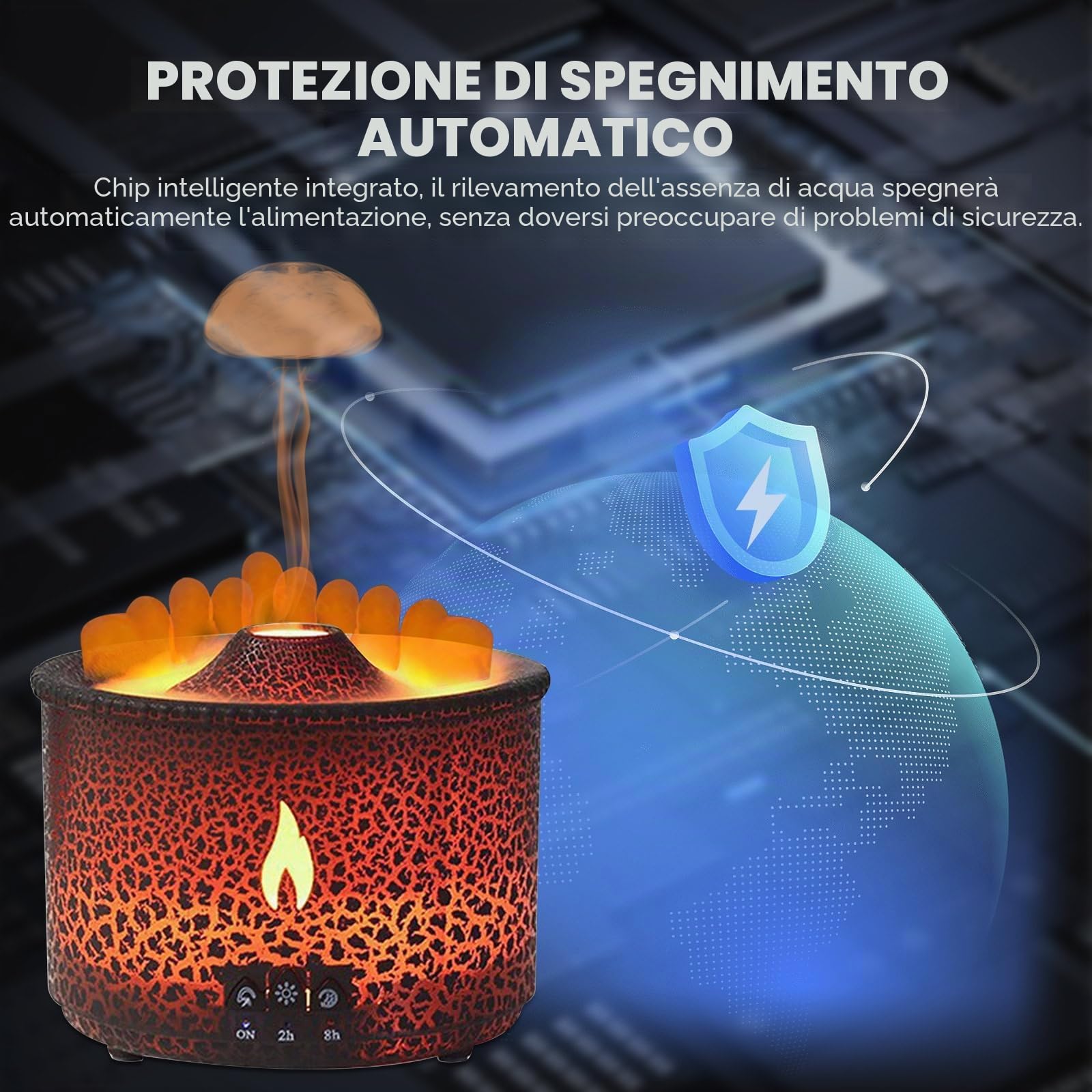 Umidificatore Vulcanico Diffusore Aromi Fiamma: Diffusore di Profumo di Olio Essenziale a Ultrasuoni con Capacità di 360 ml, 2-In-1 con Funzione Timer per Camera da Letto e Home Office