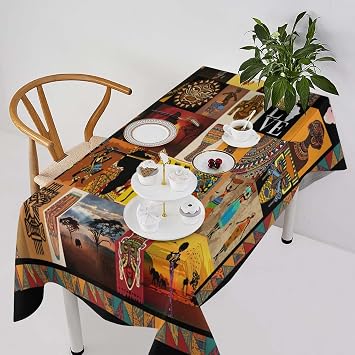 African Tablecloth, African Ethnic Style Black Girl Africa Native Totem Elephant Giraffe Lion Table Cover, Water Resistant Wipeable Tablecloths for Kitchen Dinning Room Decor 60"x120"