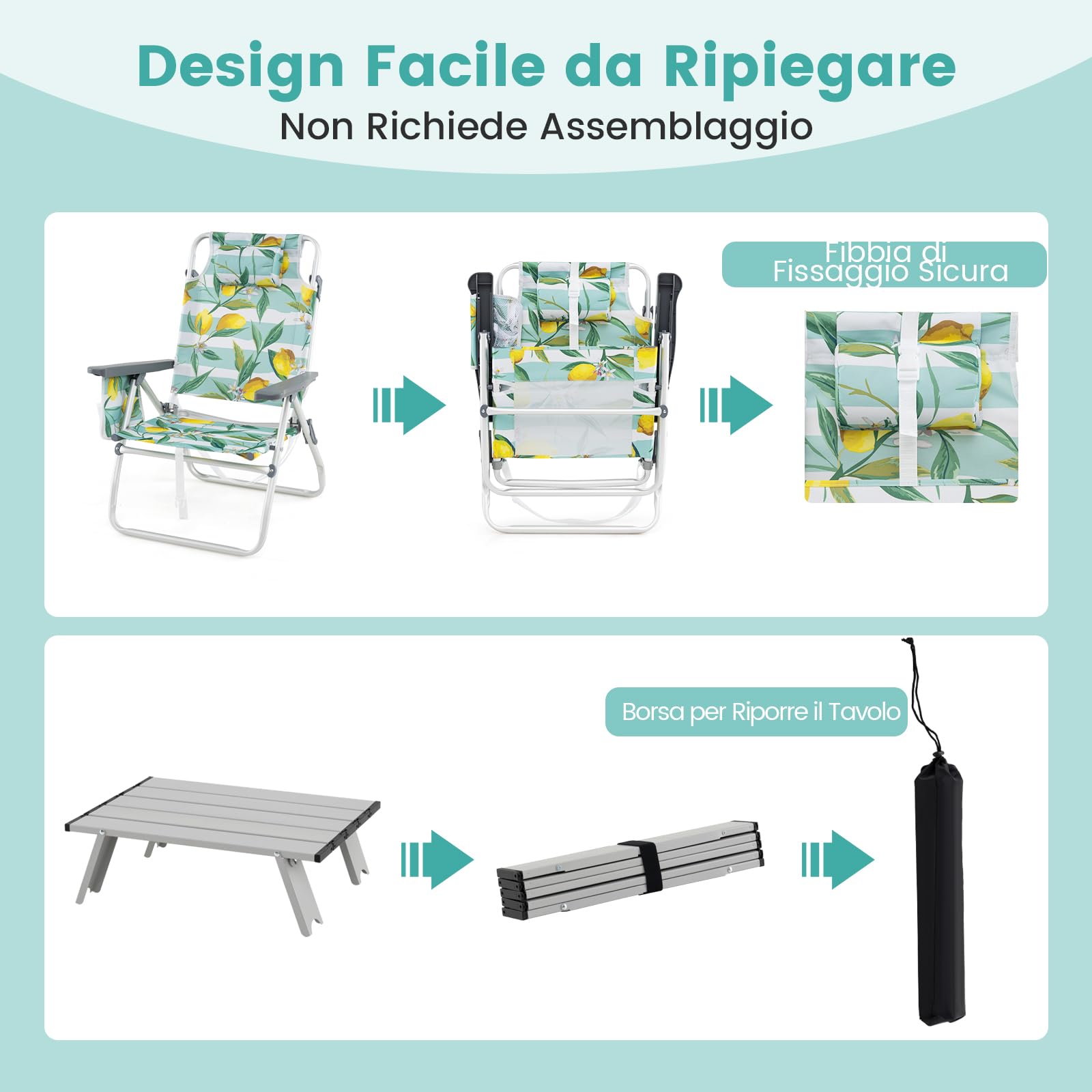 RELAX4LIFE Set di 3 Tavolo e Sedie da Campeggio, Tavolino Pieghevole e 2 Sedie con Schienale Regolabile a 5 Posizioni, Portabicchieri, Borsa da Trasporto, Struttura in Alluminio per Spiaggia (Verde)