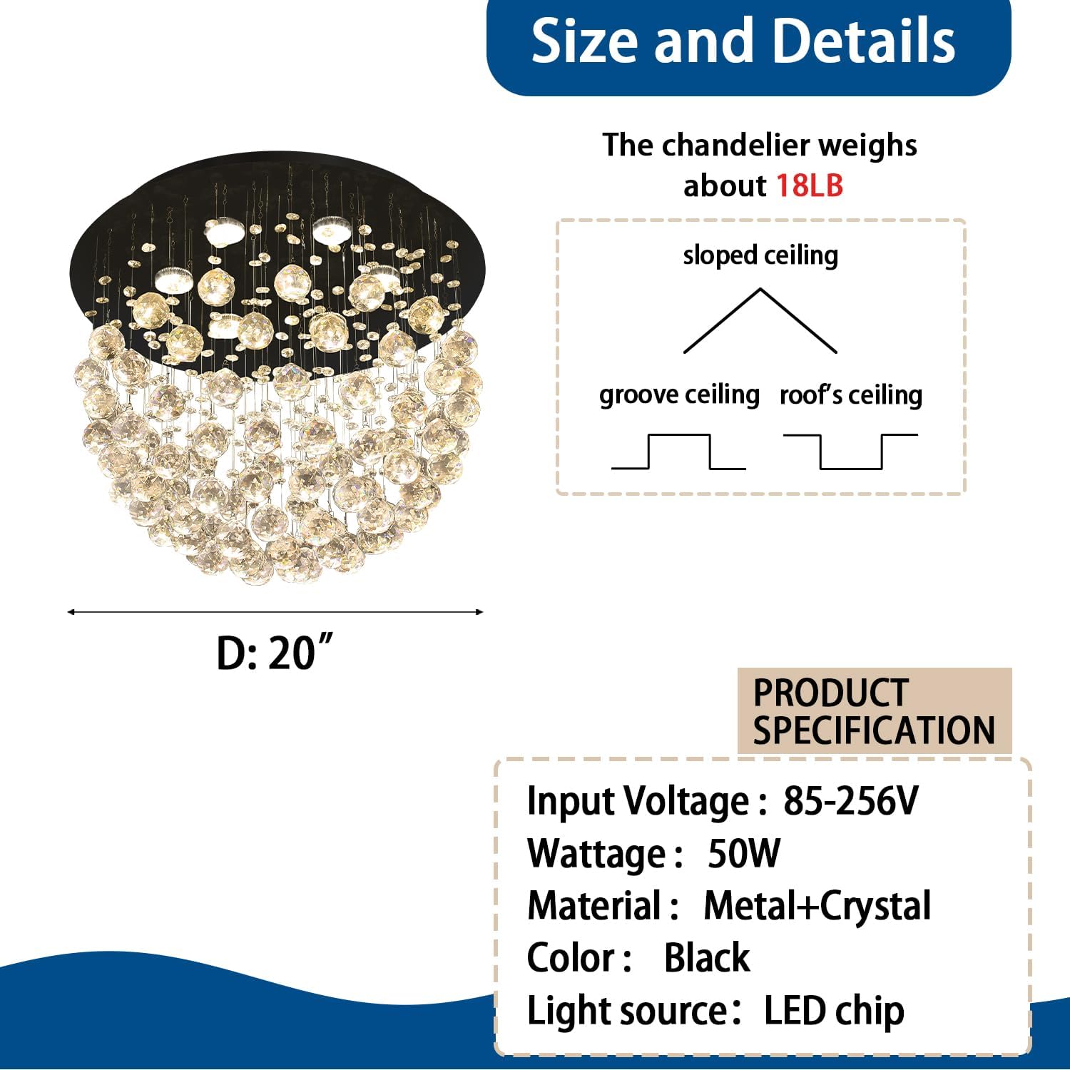 6-Light 20-Inch Black K9 Crystal Flush Mount Chandelier, Modern Ceiling Light Fixture for Bedroom Dining Room Living Room