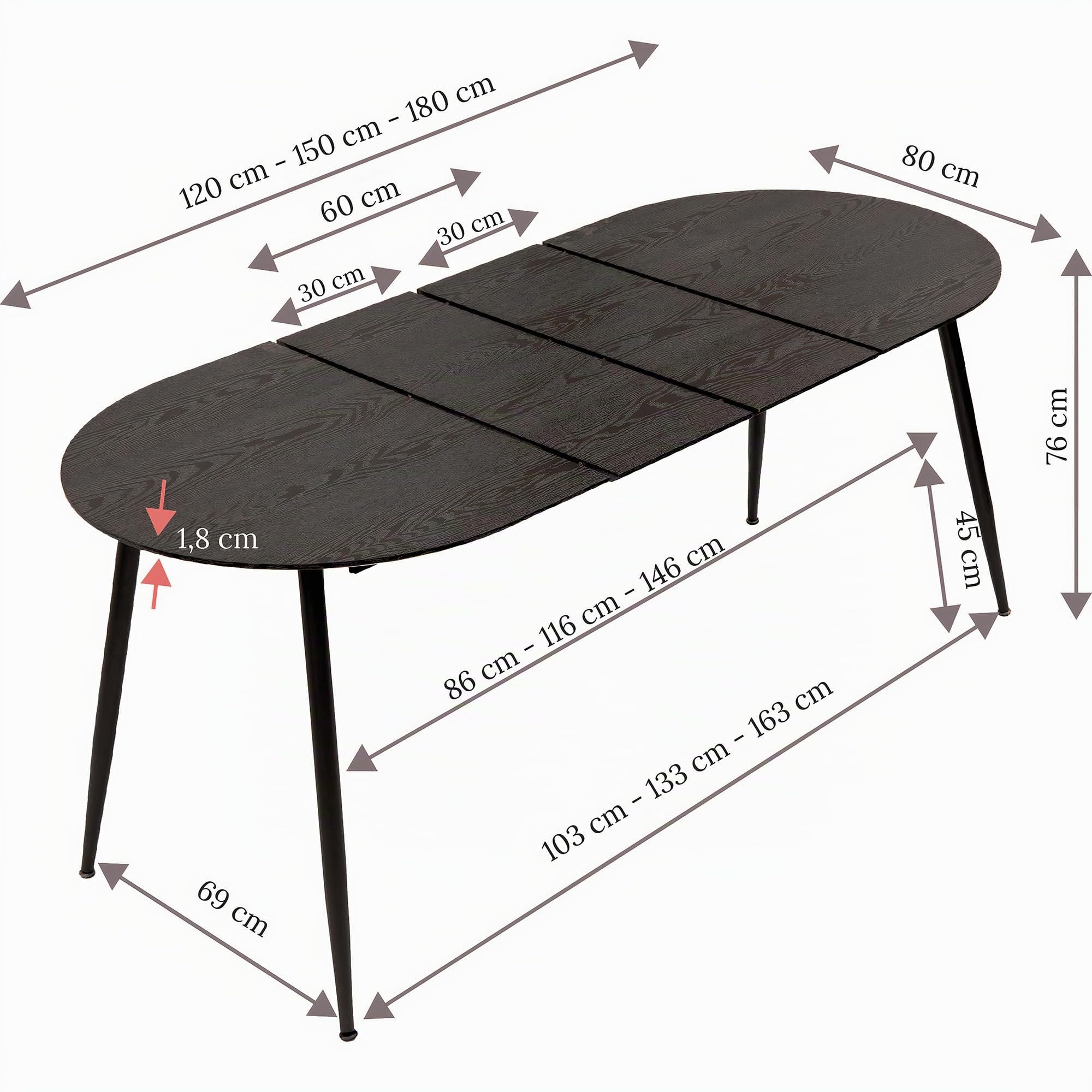 Tavolo da pranzo Rodrigo allungabile 120-150-180 x 80 cm, 4-10 persone, tavolo da cucina ovale con struttura in metallo, per cucina, sala da pranzo, effetto legno, colore: nero