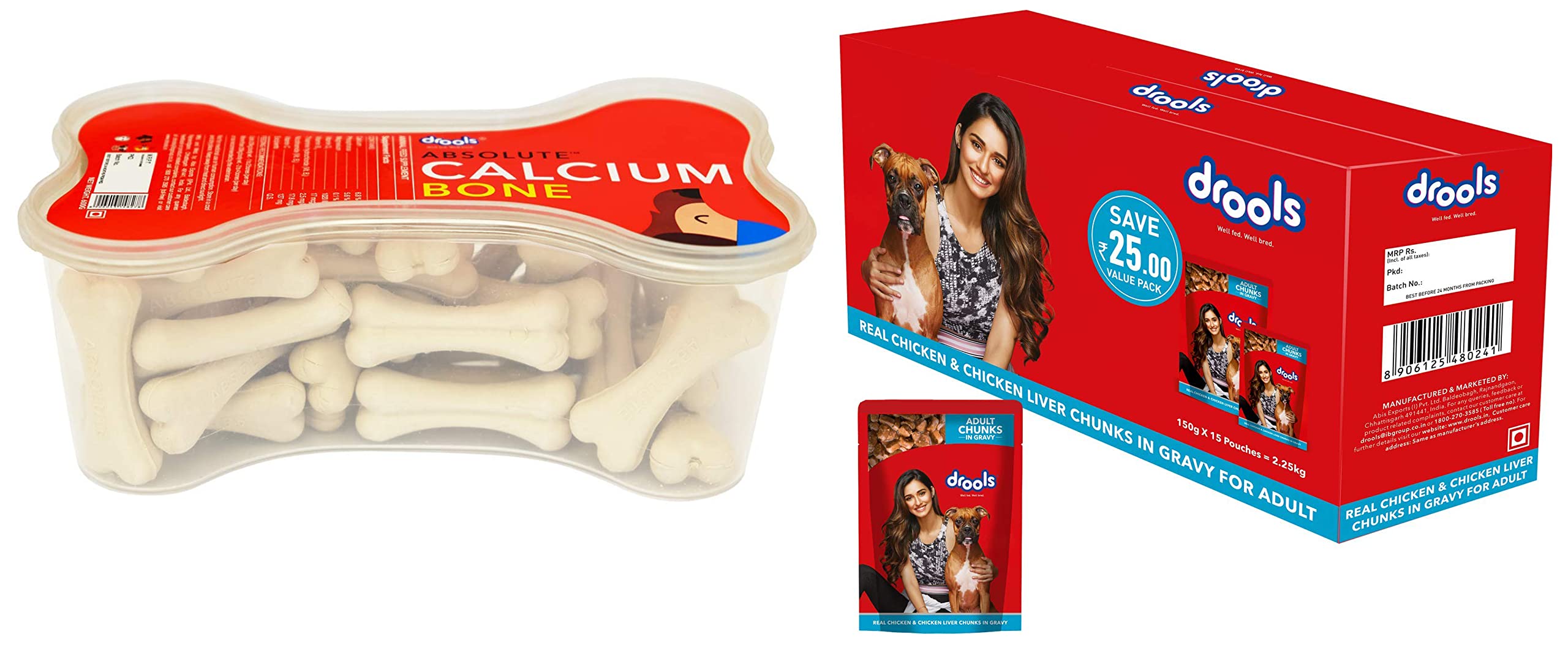 Drools All Life Stages Absolute Calcium Bone Jar, Dog Treats, Chicken - 20 Pieces (300 g) & Adult Wet Dog Food, Real Chicken and Chicken Liver Chunks in Gravy, 15 Pouches (15 x 150g) (B09VH7J7MM) Amazon Price History, Amazon Price Tracker