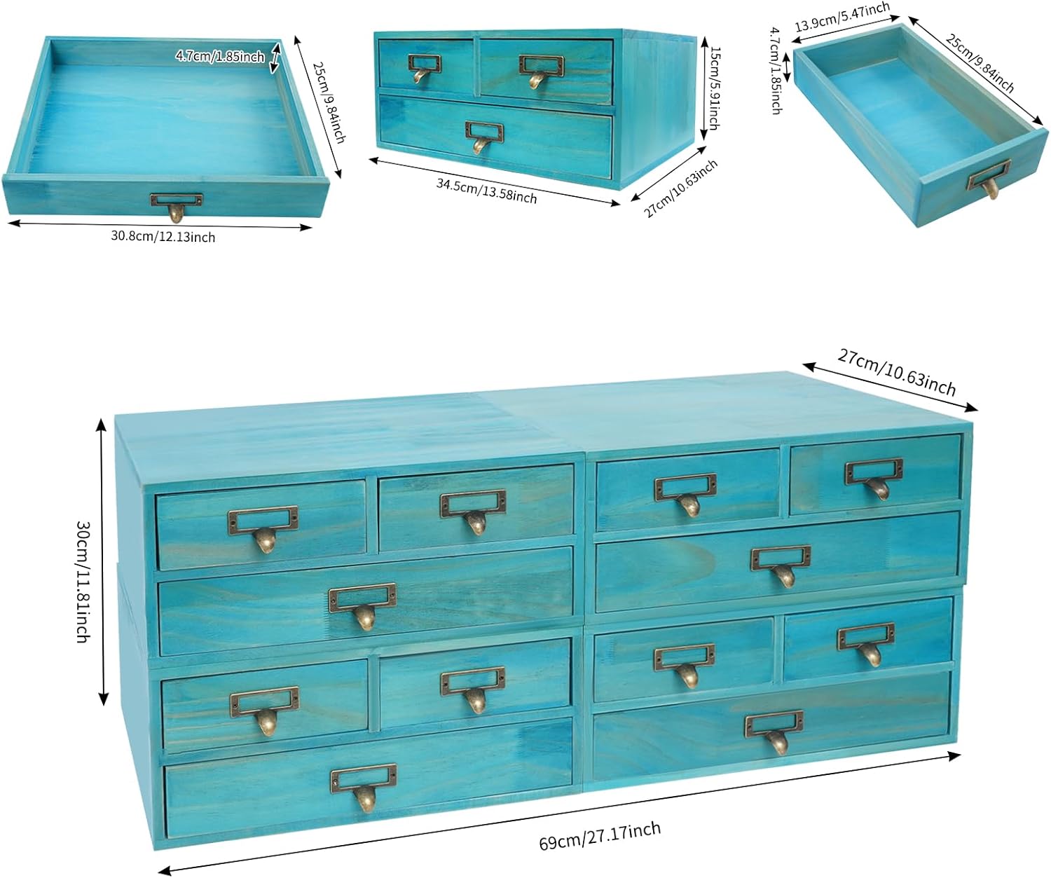 4-Pack Vintage Desktop Apothecary Cabinet with 3 Drawers, Wooden Desktop Organizer with 12 Drawers, Wood Stackable Drawers for Desk Cabinets Jewelry Necklaces Herbs, 27.2 x 10.6 x 11.8in (Blue)