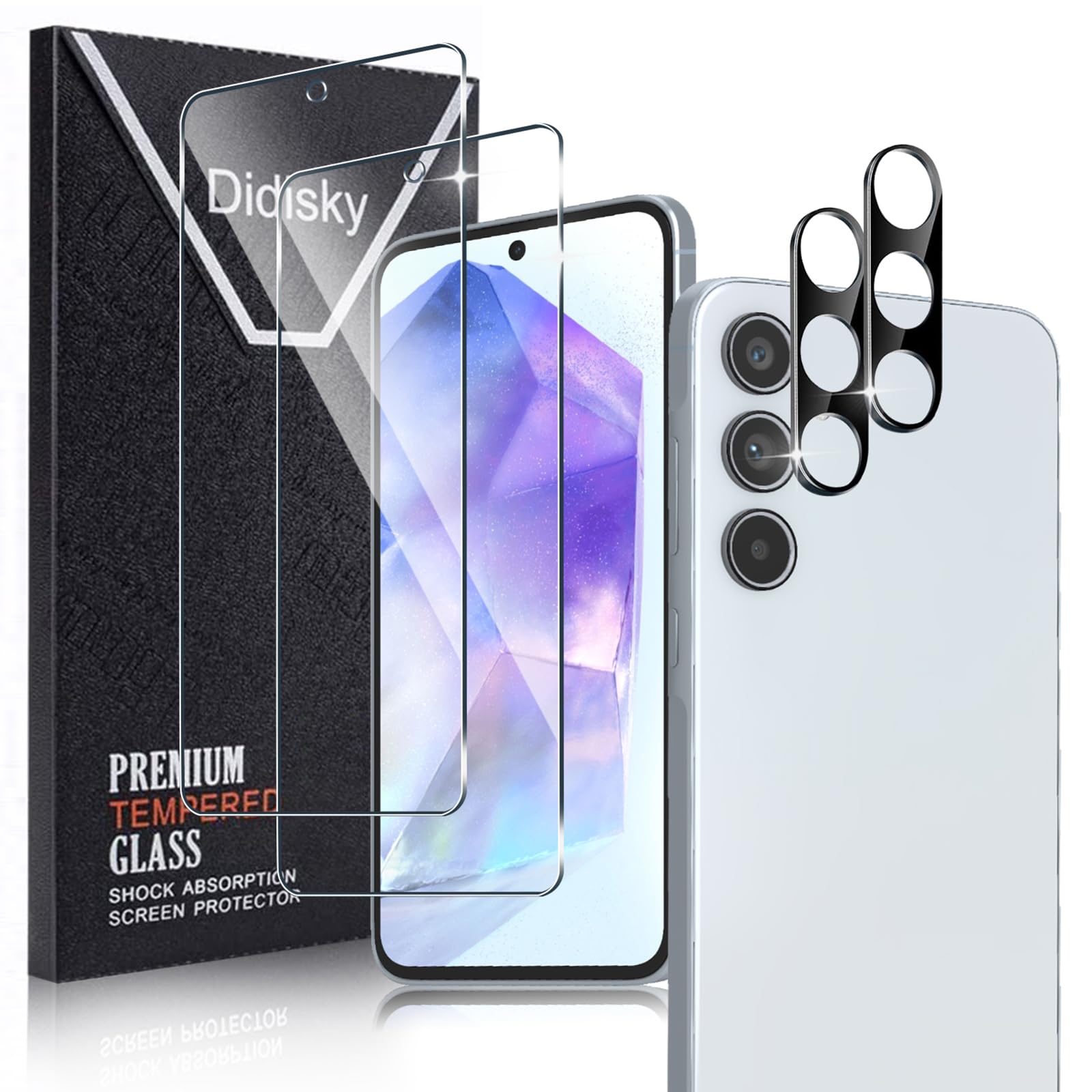 Didisky Tempered Glass for Samsung Galaxy A55 5G, 2 Pack Tempered Glass and Camera Protector, 9H, Easy to Install