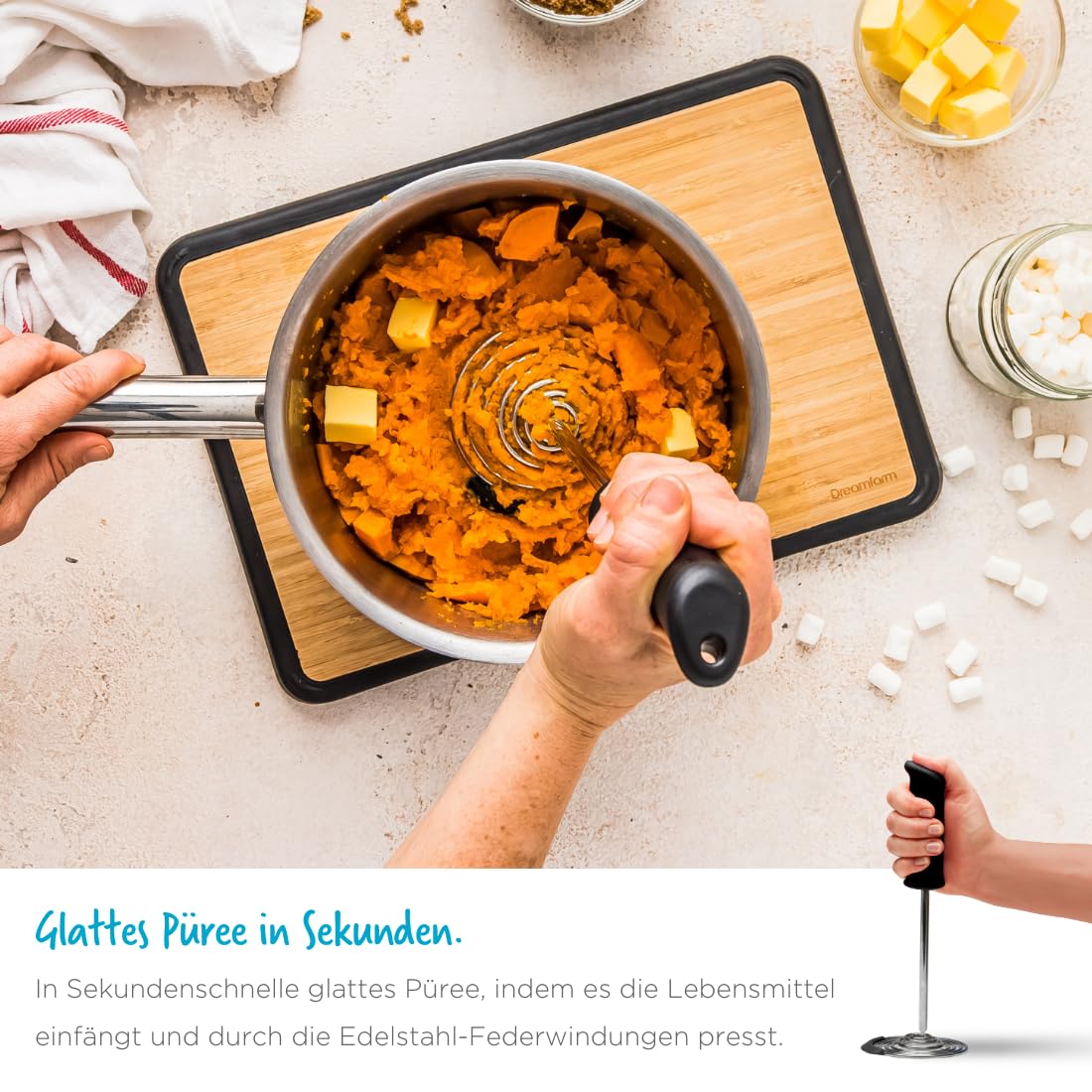 Dreamfarm SMOOD Kartoffelstampfer Edelstahl | Stampft Obst und Gemüse | Spülmaschinenfest | BPA frei | Kartoffelbrei Stampfer zum Stampfen, auskratzen und servieren | Hitzebeständig bis 260°C
