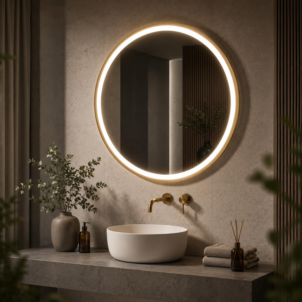 Espejo LED Antiniebla Redondo φ80 cm Espejo de baño táctil (marco dorado)