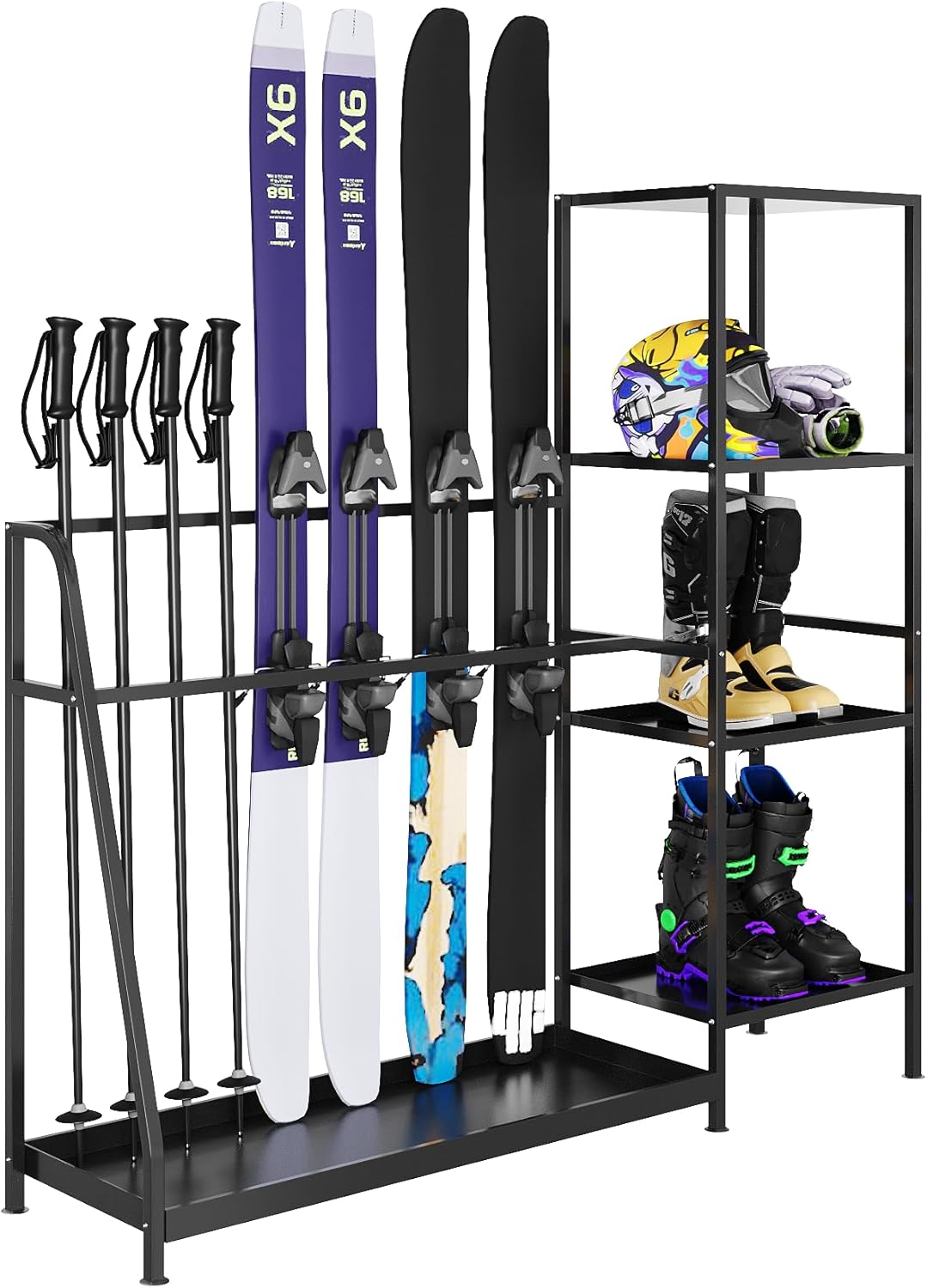 Ski Storage Rack, Steel Free Standing Ski Organizer for 4 Skis, Boots, Poles, Helmet, Goggles, Multi-Purpose Indoor Snowboard Rack, Winter Gear Holder for Garage, Basement, Entryway, 23"x19"x16"