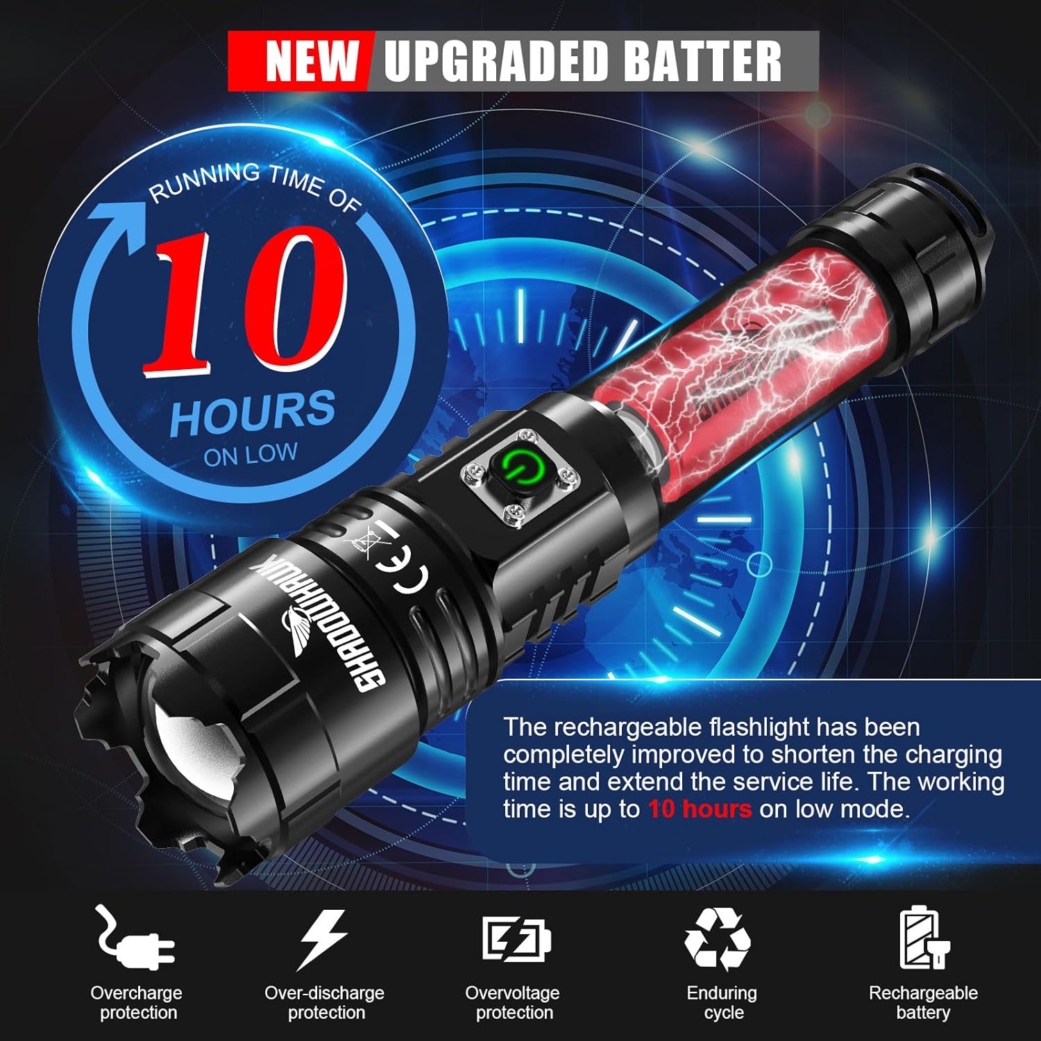 Shadowhawk S9322 flashlight with an illustration of its upgraded battery, showing a running time of up to 10 hours on low mode. Icons for overcharge protection, over-discharge protection, overvoltage protection, enduring cycle, and rechargeable battery are also present.