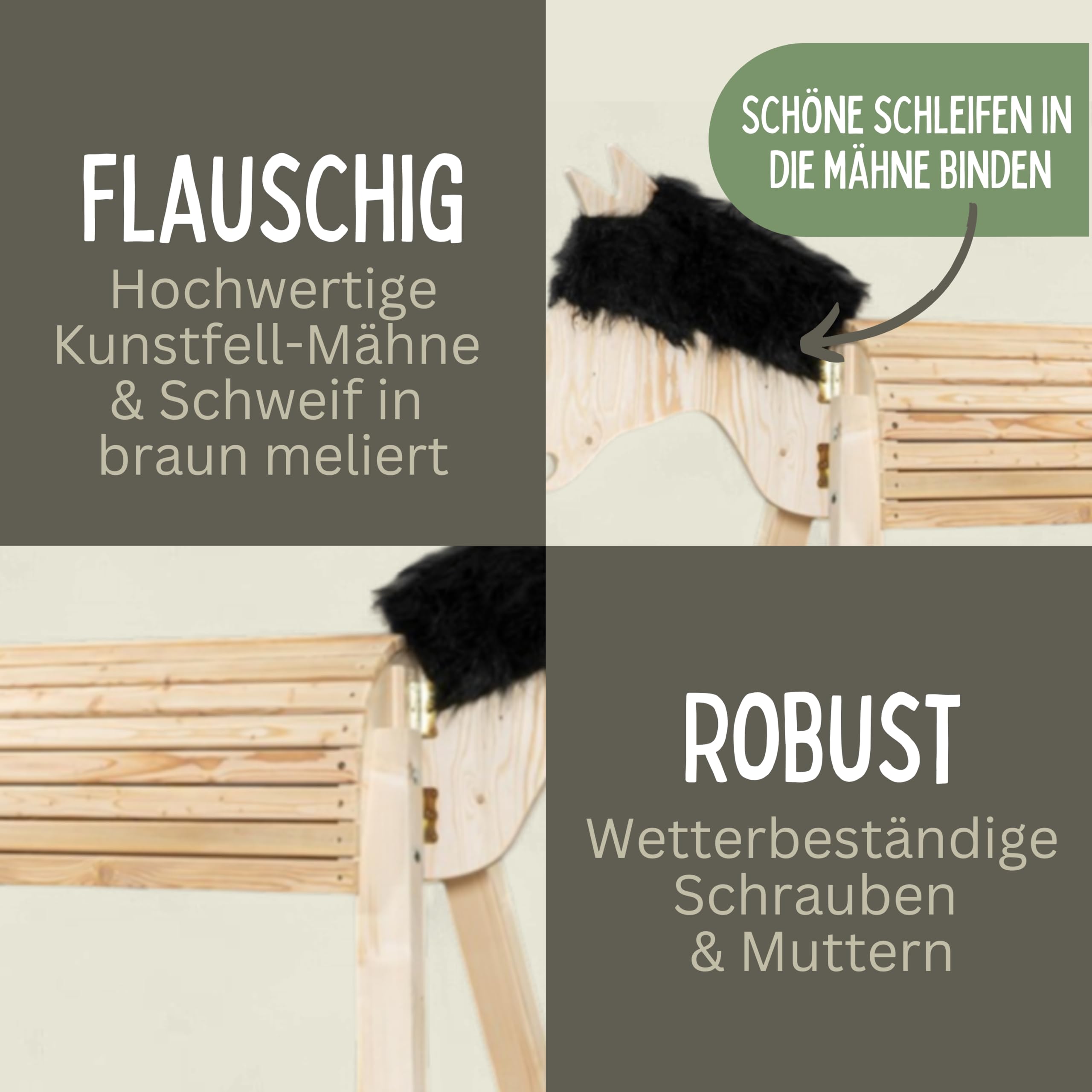 Mia Natur 100cm für draußen Reitpferd Garten Voltigierbock für Kinder, Stehpferd groß, Gartenpferd hangefertigt aus Deutschland, Voltigierpferd Holzpony mit Mähne