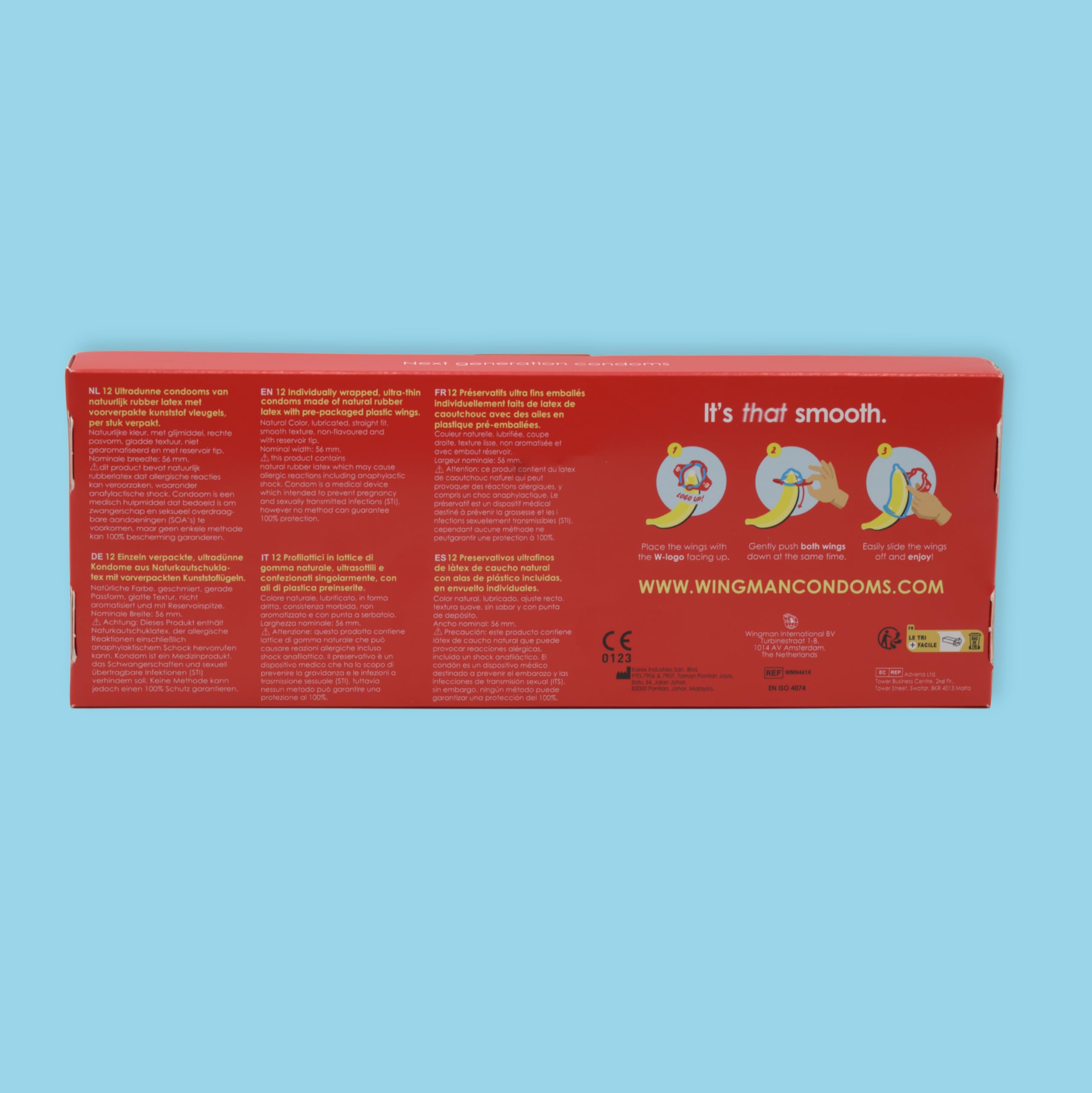 Wingman, paquete de 48 preservativos ultrafinos de nueva generación con innovador clip.