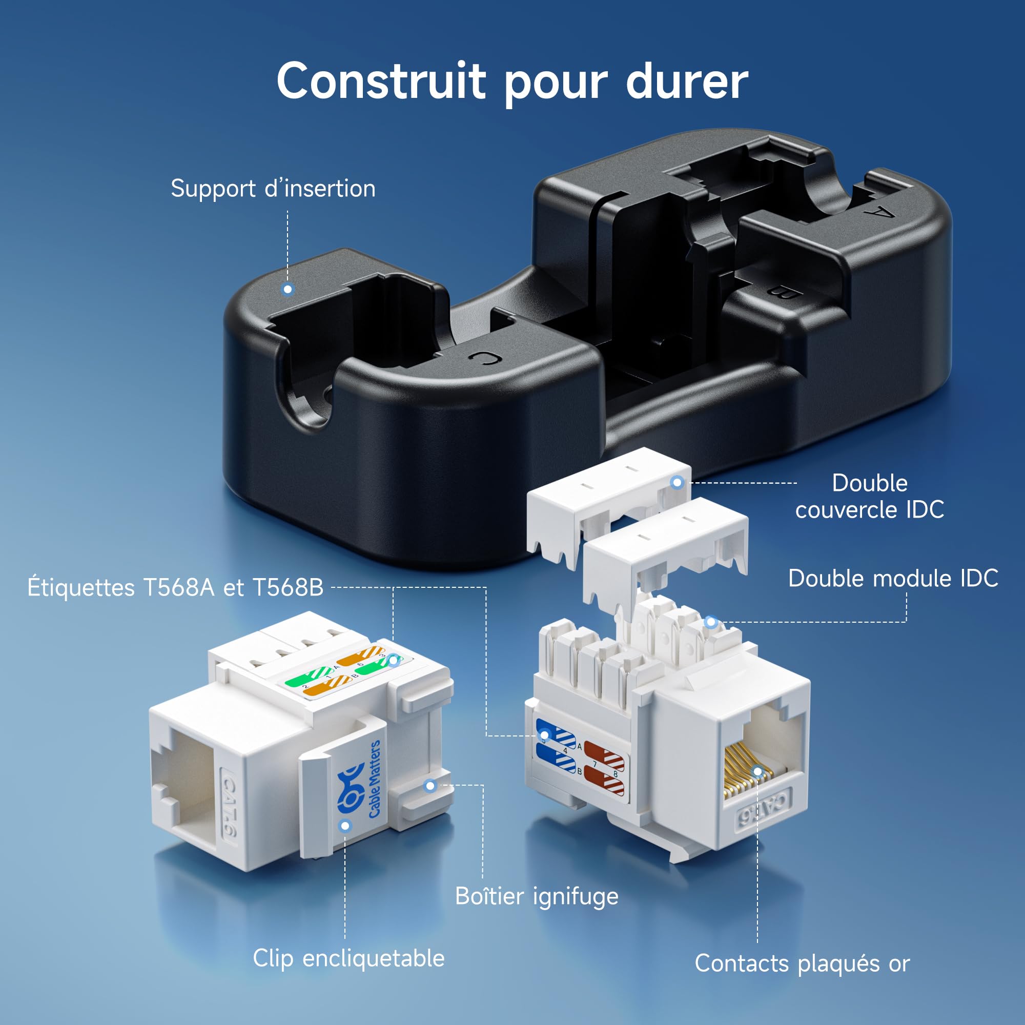 Cable Matters Ensemble de 25 Prises Keystone Cat6 RJ45 [UL Certifié] en Blanc et Support Keystone Punch-Down