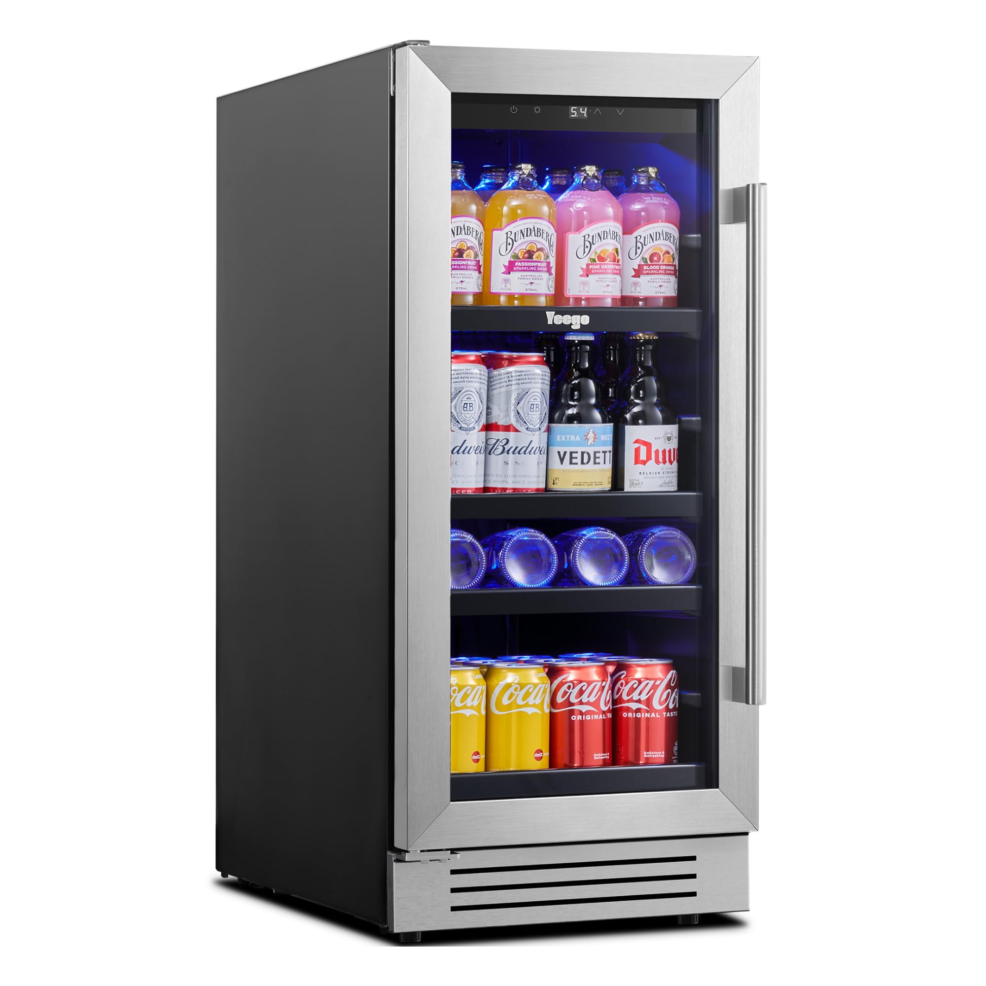 Yeego 15 Inch Beverage Refrigerator, Beverage Cooler Stainless Steel Refrigerator Built-in or Freestanding, Small Wine Fridge with Glass Door, Drink Fridge for Beer, Soda, Wine (Left-Hinged) | Fridge.com