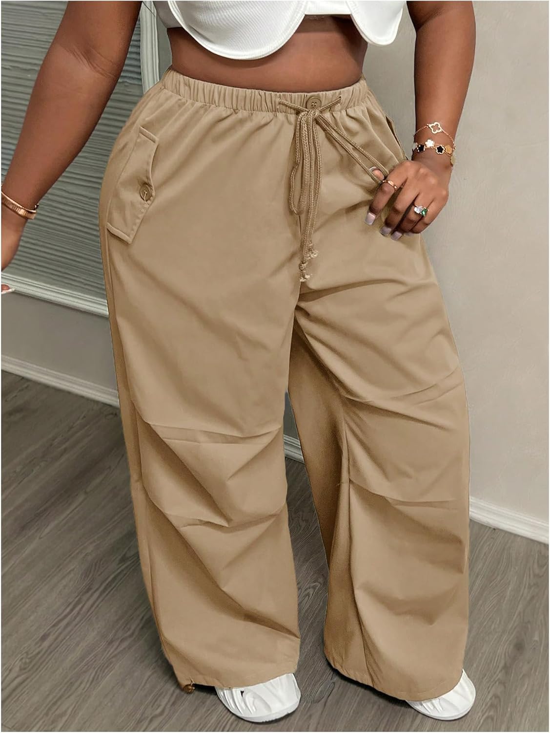 OYOANGLE Women's Plus Size High Waist Drawstring Trousers Wide Leg Casual Cargo Pants with Pocket - Image 4